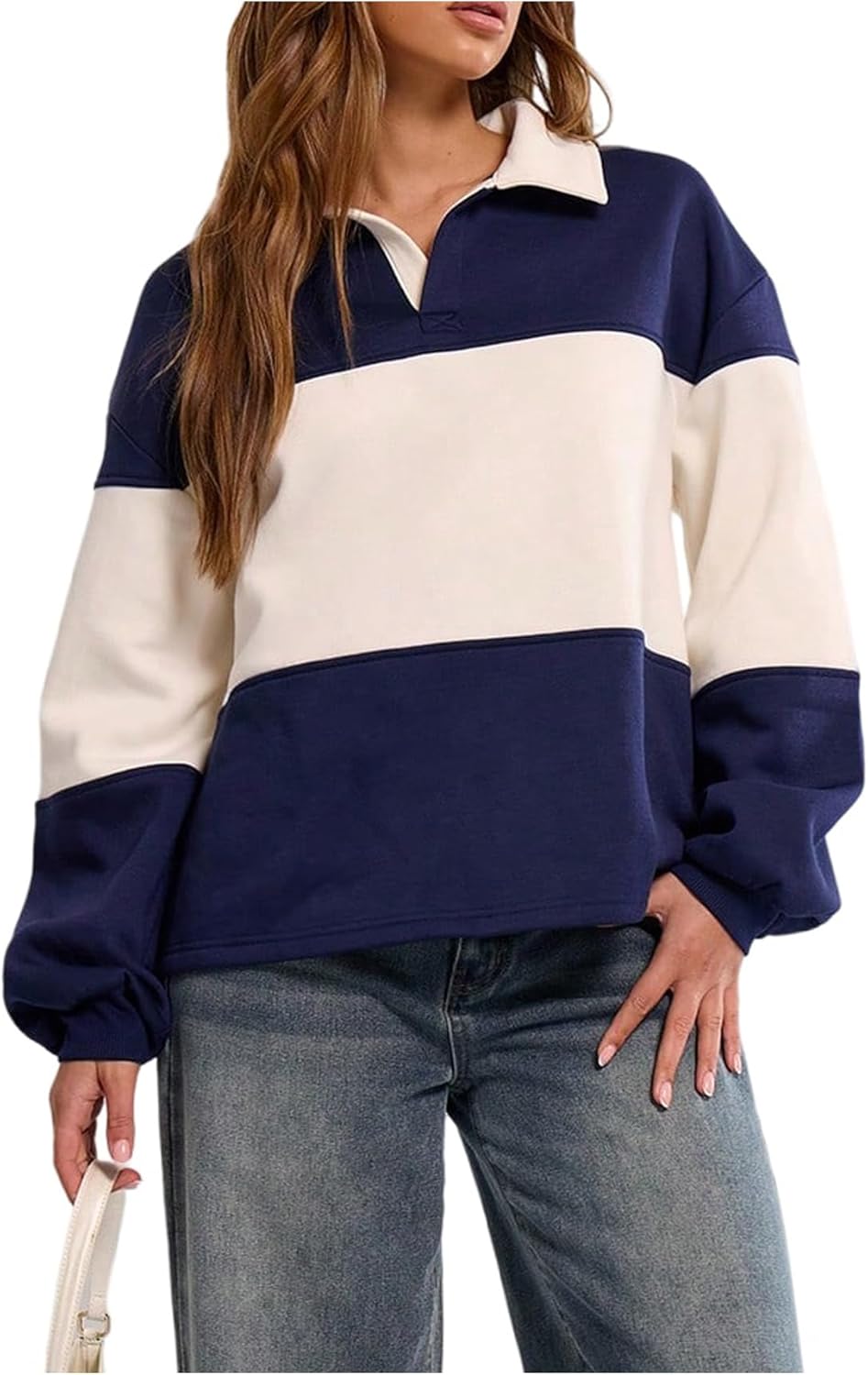SweatyRocks Women's Color Block Sweatshirt Collared Drop Shoulder Long Sleeve Loose Pullover Top
