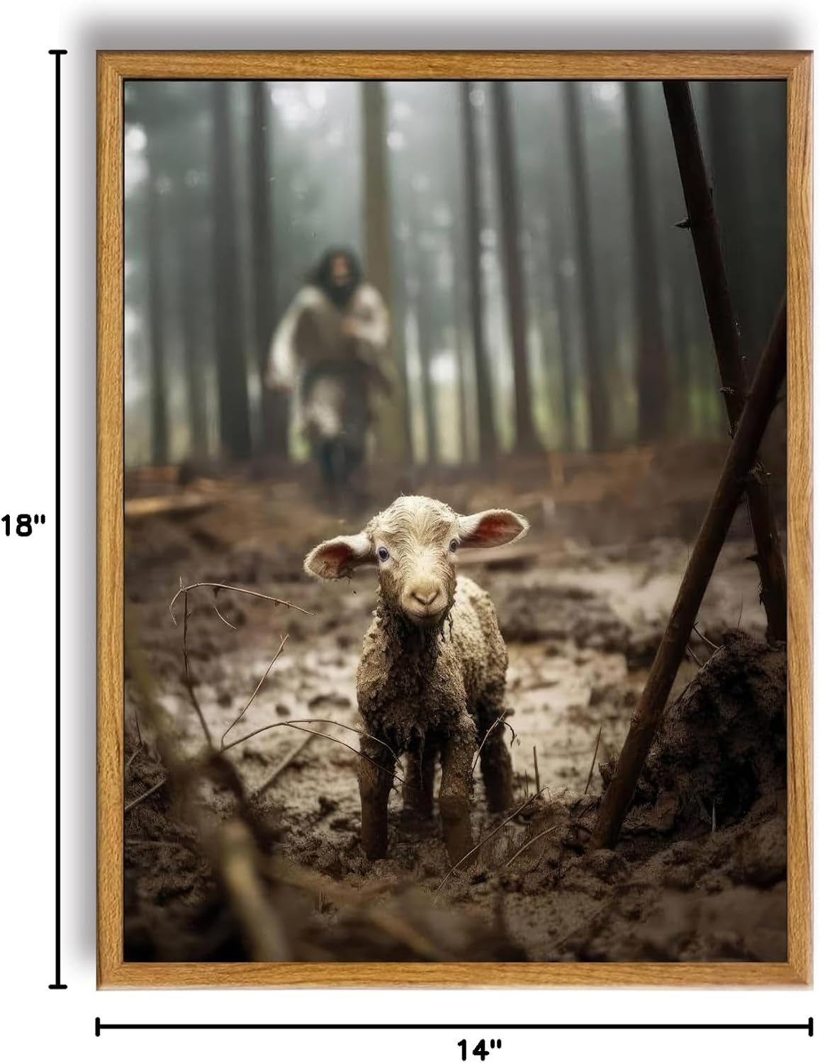 Framed Christians decor Jesus and Lamb Canvas Wall Art Jesus Running After Lost Lamb Picture Canvas Print Decor Christian wall art 14X18 Inches A-334