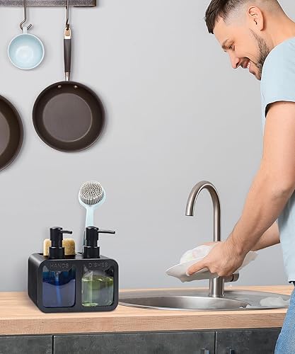 Vista 14 de Juego de dispensador de jabón de manos y jabón para platos, dispensador de jabón doble con organizador de esponja y soporte para cepillo, Blanco