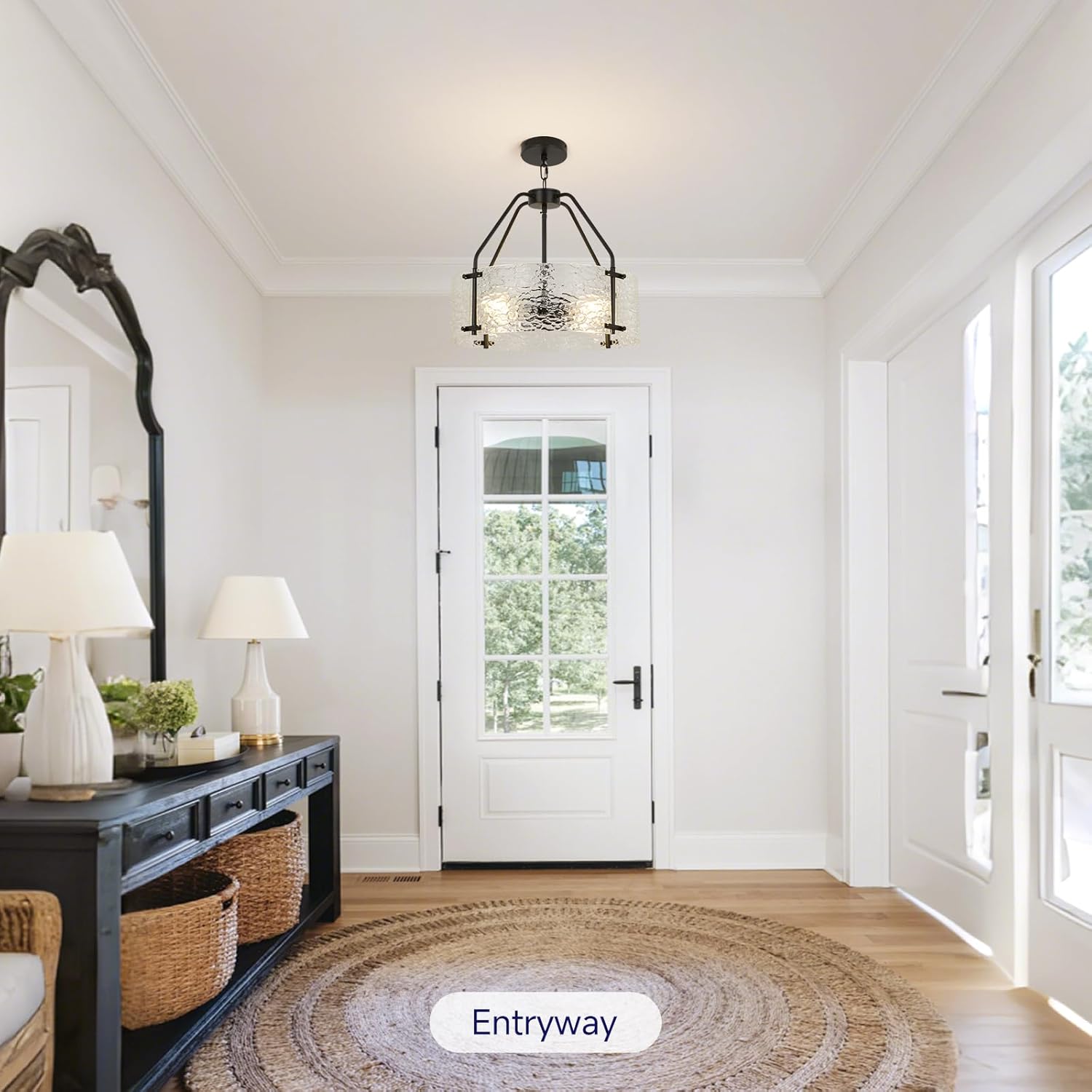 Modern Farmhouse Chandeliers for Dining Room: 17.7'' Matte Black Drum Glass Entryway Light Fixture Hanging - Rustic Kitchen Chandelier Over Table - Vintage Lights Fixtures for Bedroom Foyer Hallway