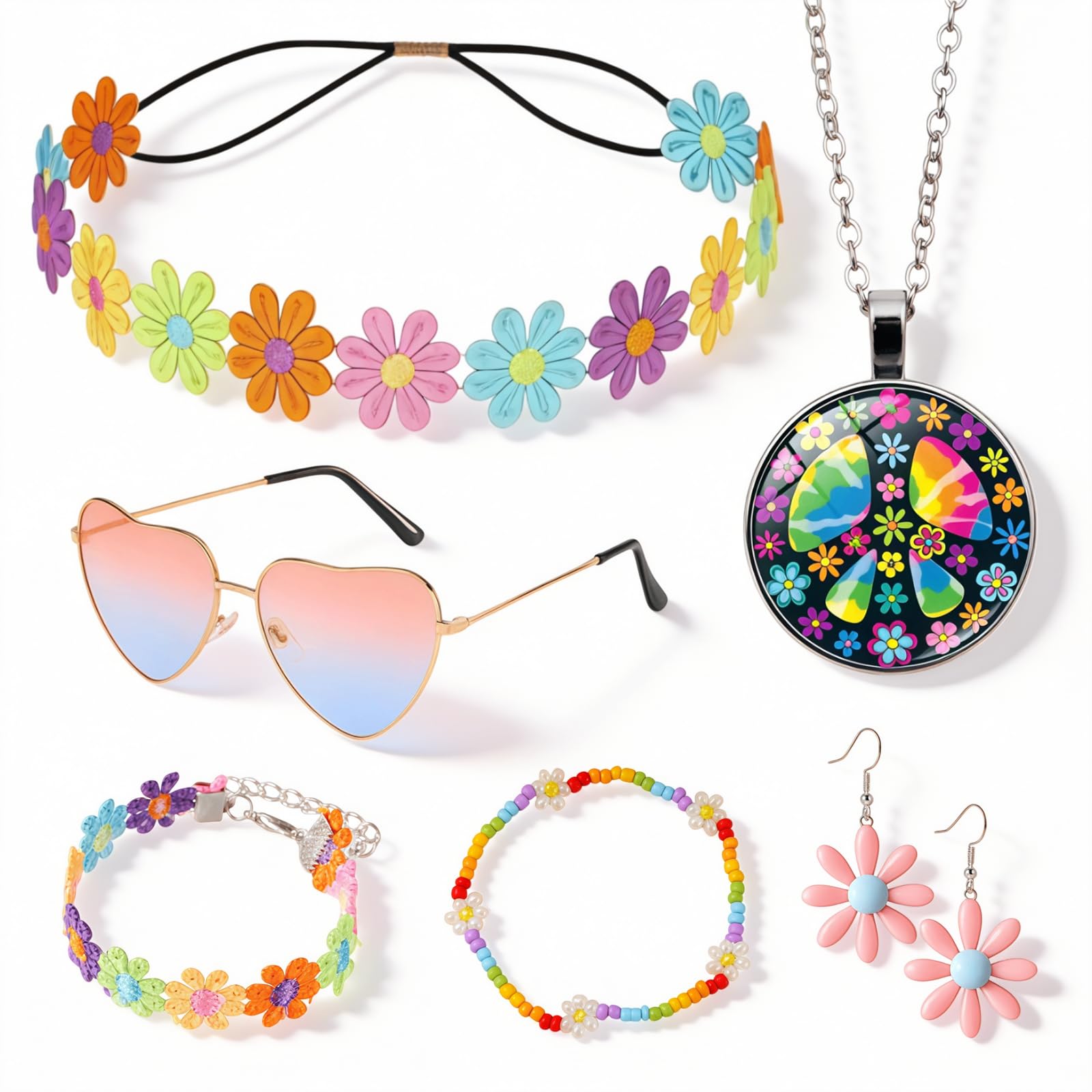PUQGAOIP 6 Pcs Hippie Costume Set For Women, Includes Heart Sunglasses Daisy Headband Necklace Earrings And Bracelets, Retro 70s Accessories For Women, Perfect For Parties And Festival Outfit Women
