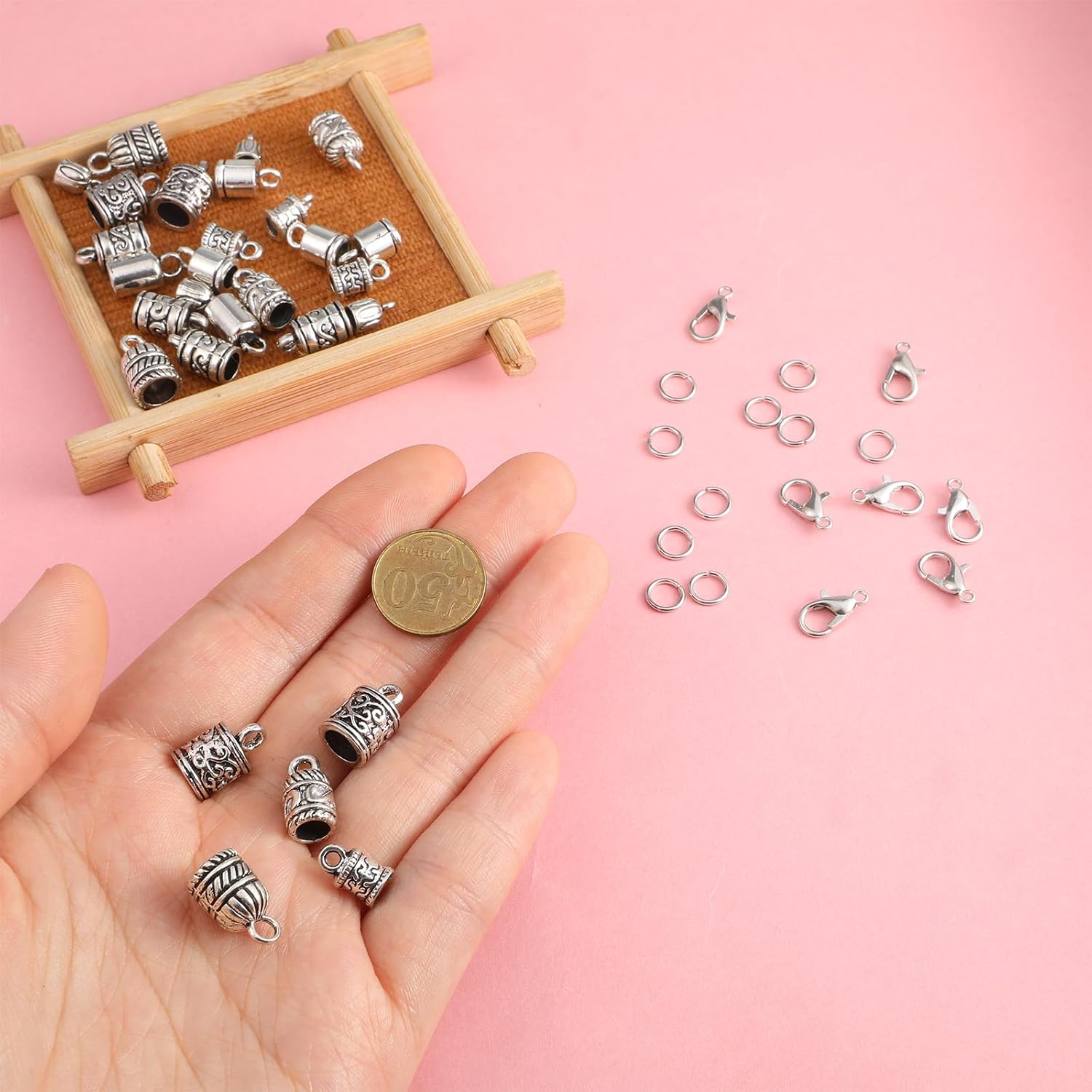 112 Pcs 8 Styles Cord End Caps for Jewelry Making, Tibetan Bead Caps | Antique Tassel End Cap with Lobster Claps Metal Jump Rings Crimp Beads Covers for Bracelet Necklace Making