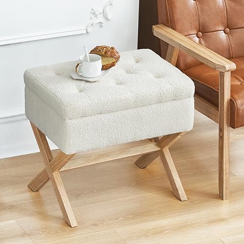 Otomana de almacenamiento, taburete tapizado con patas en X de madera, taburete de mediados de siglo para tocador, otomana para dormitorio, sala de