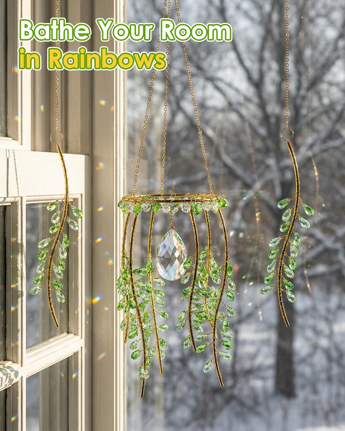 Crystal Suncatchers for Window, 3 Pcs Plant Pattern Hanging Crystal Wind Chimes, Rainbow Maker with Chain, Indoor & Garden Decor, Green