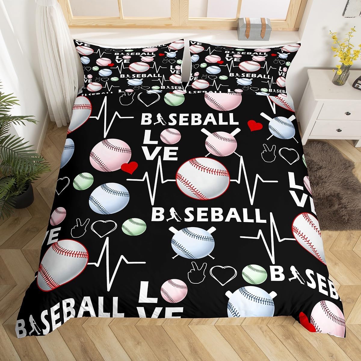 Watercolor Baseball Duvet Cover King Size for Kids Boys Teens,Sport Theme Ball Gamer Lover 3 Pieces Duvet Cover,Baseball Lover Comforter Cover (Not Comforter),Rustic Black Print Quilt Cover