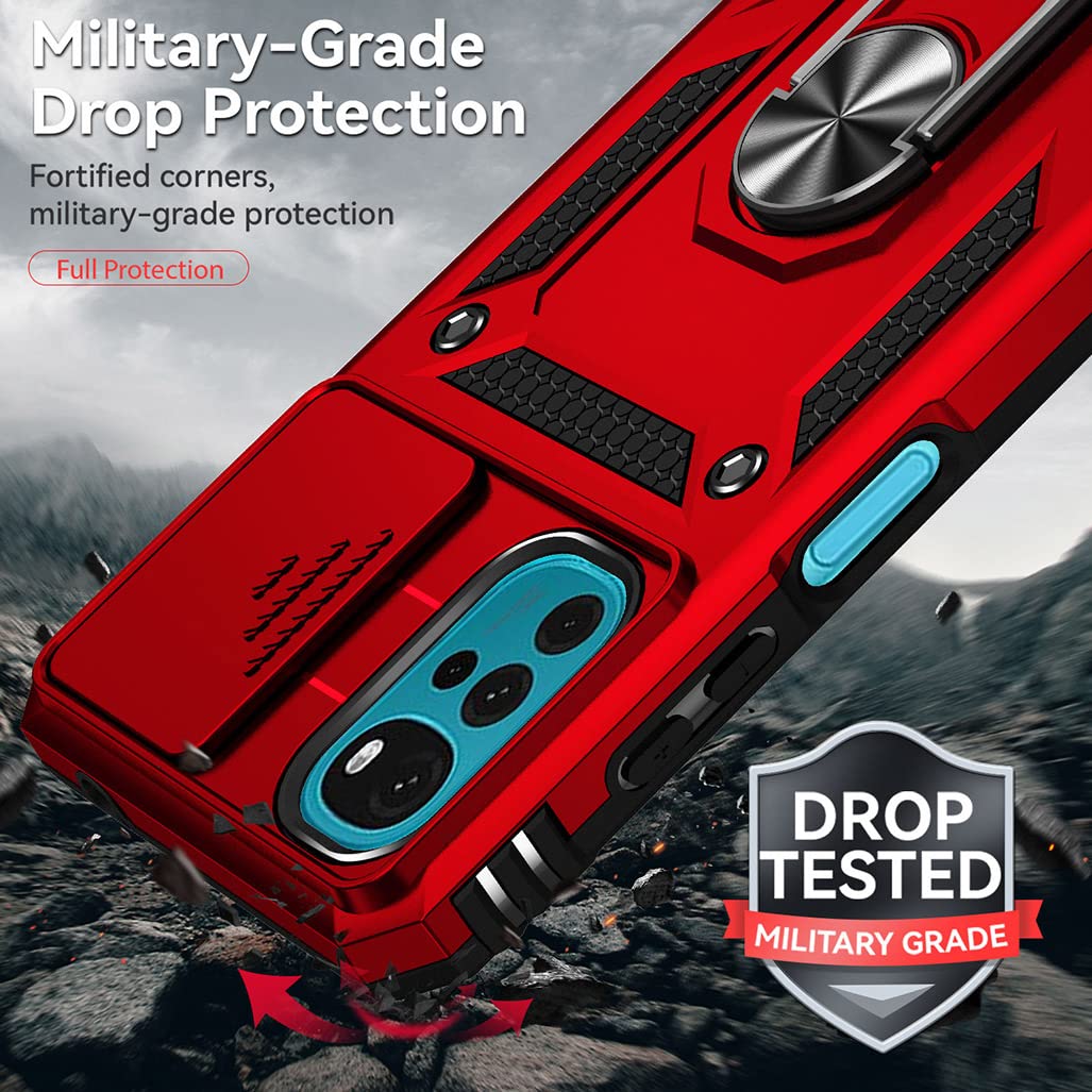 GOGME Cover per Motorola Moto G22, Scorrevole [Protezione Fotocamera] Custodia con 360° Anello Supporto Kickstand, Rugged Silicone PC + TPU Bumper Armor Antiurto Cover, Rosso