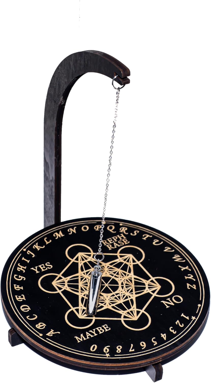 Magnetic Pendulum Board with Stand, Witchcraft Altar Decor for Divination & Meditation, Wooden Dowsing Pendulum Display with Magnetic Swing (Metatron's Cube)
