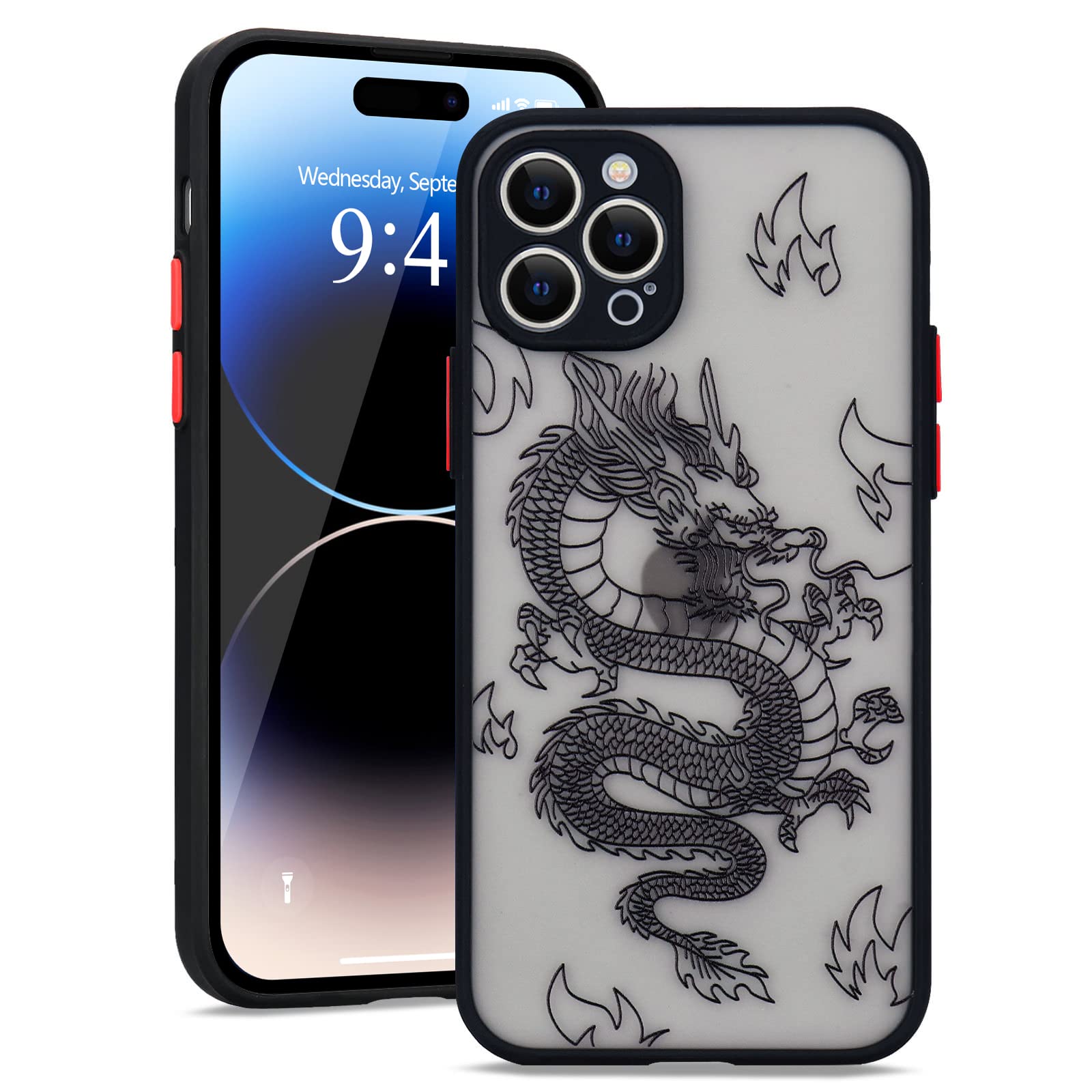 Urarssa Compatible with iPhone 14 Pro Case 6.1 inch Fashion Cool Dragon Animal 3D Pattern Design Frosted PC Back Soft TPU Bumper Shockproof Protective Case Cover for iPhone 14 Pro, Black