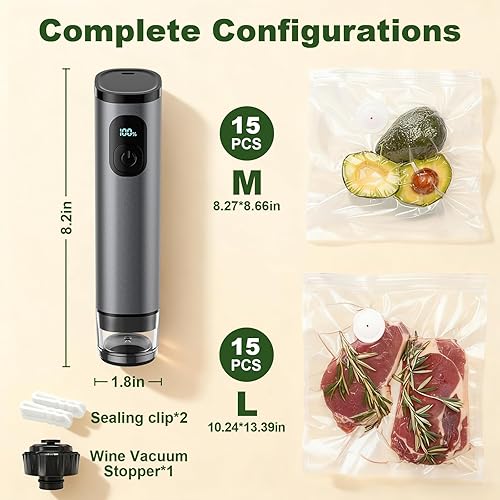 Miniatura 6 de Premium Metal Handheld Vacuum Sealer, Vacuum Sealer for Food with Power Display & Detachable Tank, 60kPa Strong Suction, Includes 30 Reusable Bags &