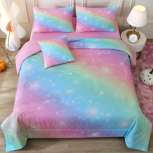 Miniatura 3 de JQinHome Juego de ropa de cama con purpurina, tamaño individual, ropa de cama de 6 piezas en una bolsa, juego de edredón 3D colorido arco iris