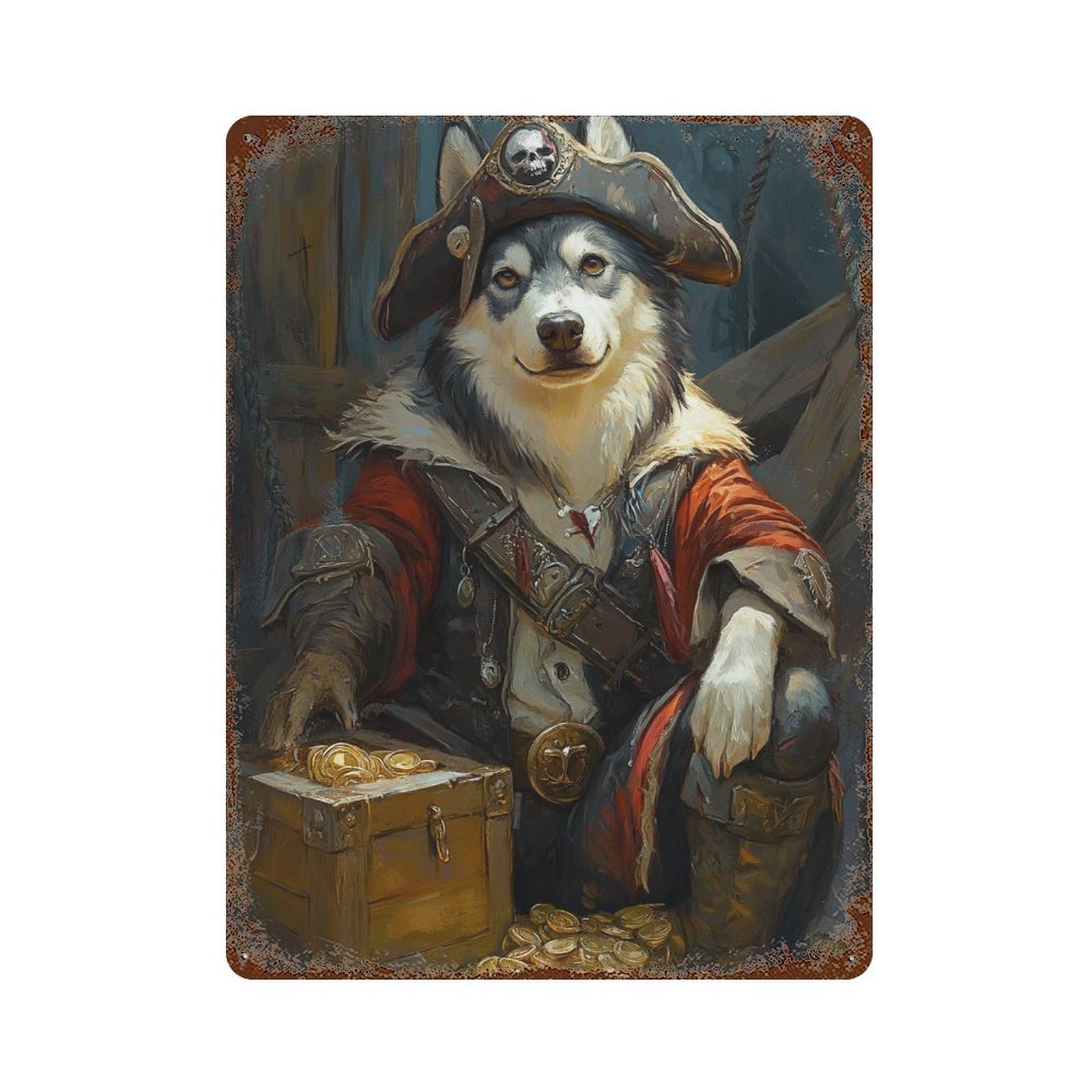 Pirate Dog Treasure Chest-110 Weathered Tin Sign 15.7"x11.8", Farmhouse Wall Decor for Garage, Pub Or Kitchen