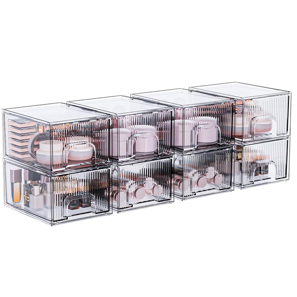 ZHIAI 8 Pack Clear Stackable Storage Drawer, Acrylic Drawer, Cosmetic Organizer, Plastic Organizer for Dresser, Under, Kitchen Cabinet, Pantry, Home Organization and Storage