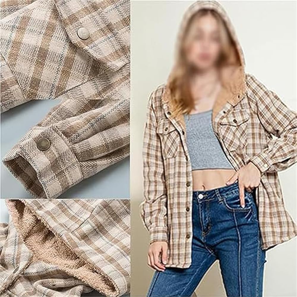Abrigo Con Capucha Y Botones En La Parte Delantera Con Estampado A Cuadros Exclusivo Para Mujer 2024, Chaqueta Con Capucha A Cuadros Para Mujer, Chaquetas Con Capucha A Cuadros