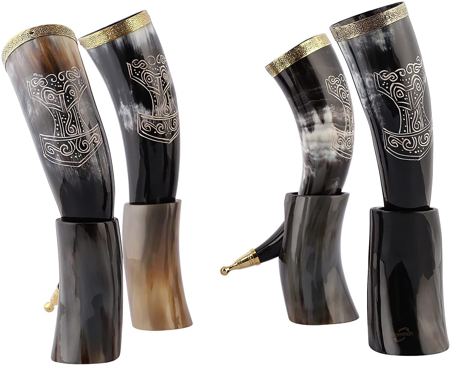 Viking Drinking Mjolnir Carved Horn with Stand Unique Genuine Ox - Thor Engrave Handmade - 4 pieces Set