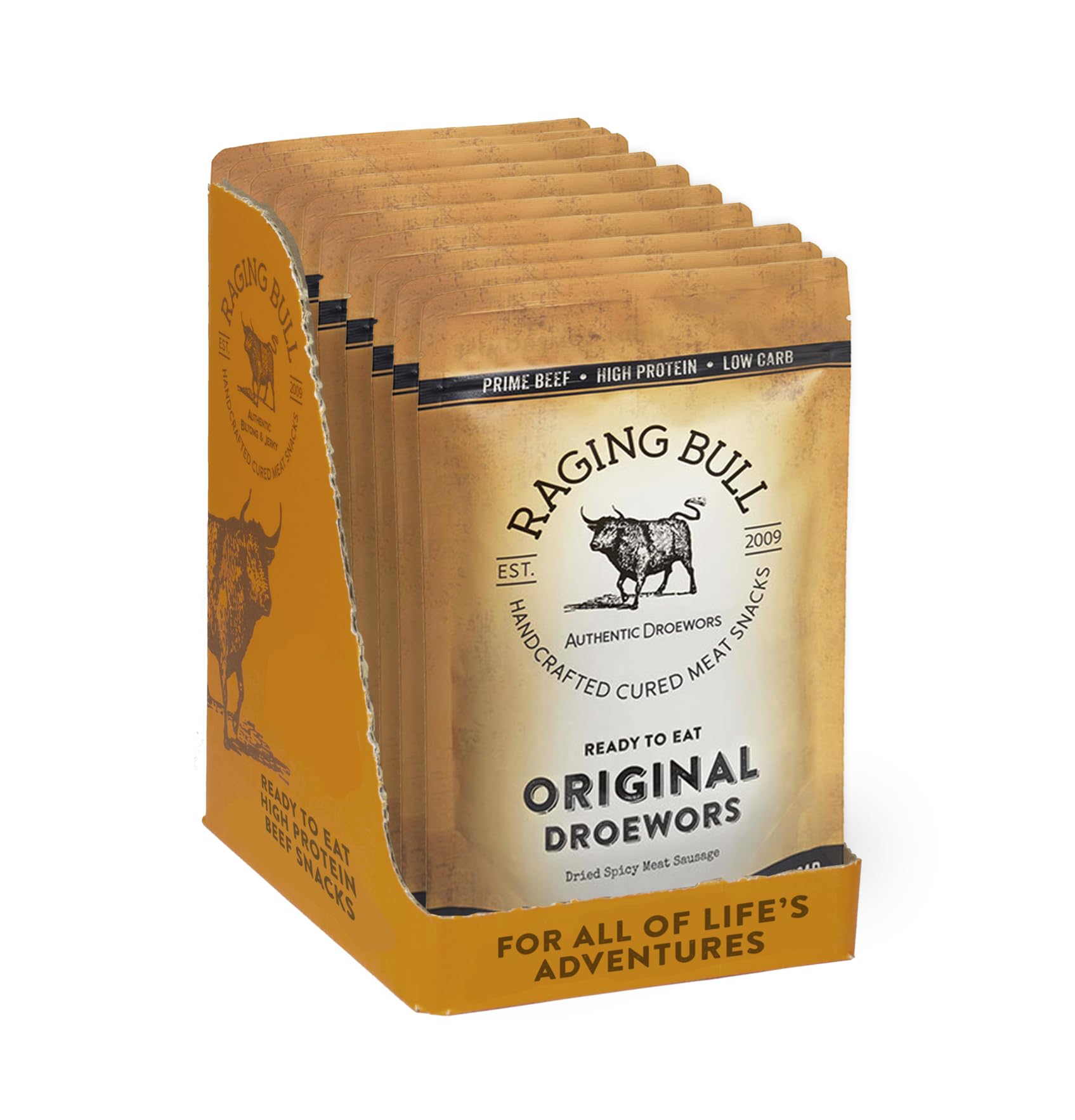 Raging Bull10 x 50g Droewors Original - Pack - Traditional South African Beef Drywors Sticks - High Protein Snacks - Grass Fed Beef Drowers - Low Carb Keto Snacks - Beef Sticks