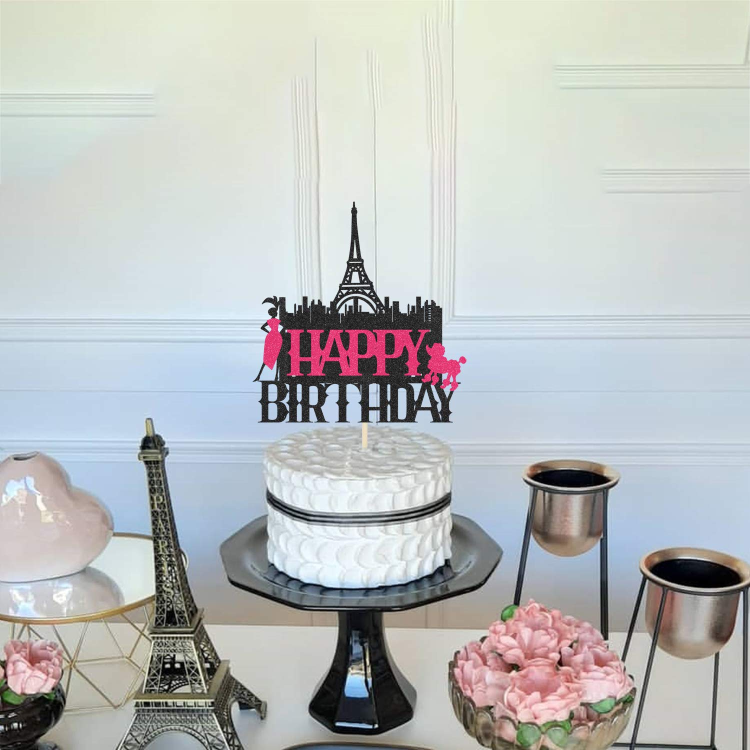 KAPOKKU Happy Birthday Paris Eiffel Tower Cake Topper For Girls And Women Party Decoration