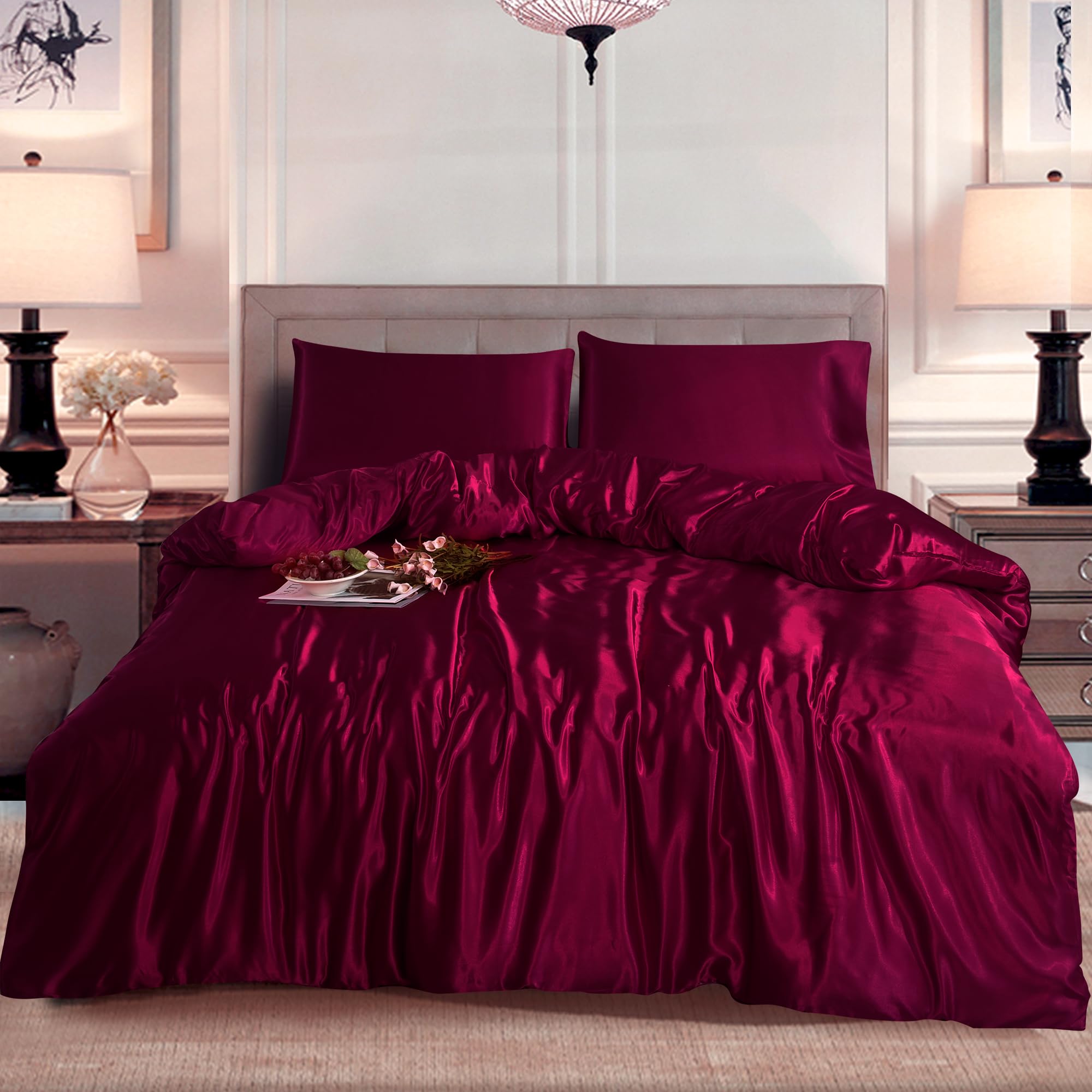 BOSKI LONDON Luxury Satin Silk Duvet Cover Set | 3 Piece Bedding Set with Pillowcases | Soft Breathable Quilt Cover with Zip | Single Double King Sizes (BURGUNDY, SINGLE)