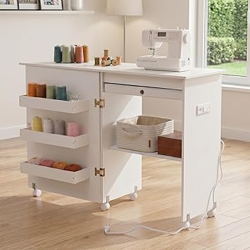 Folding Sewing Table with Charging Station, Rolling Sewing Machine Craft Table with Storage Trays and Shelf, Foldable Sewing Cabinet Desk with Lockable Wheels for Small Spaces - White