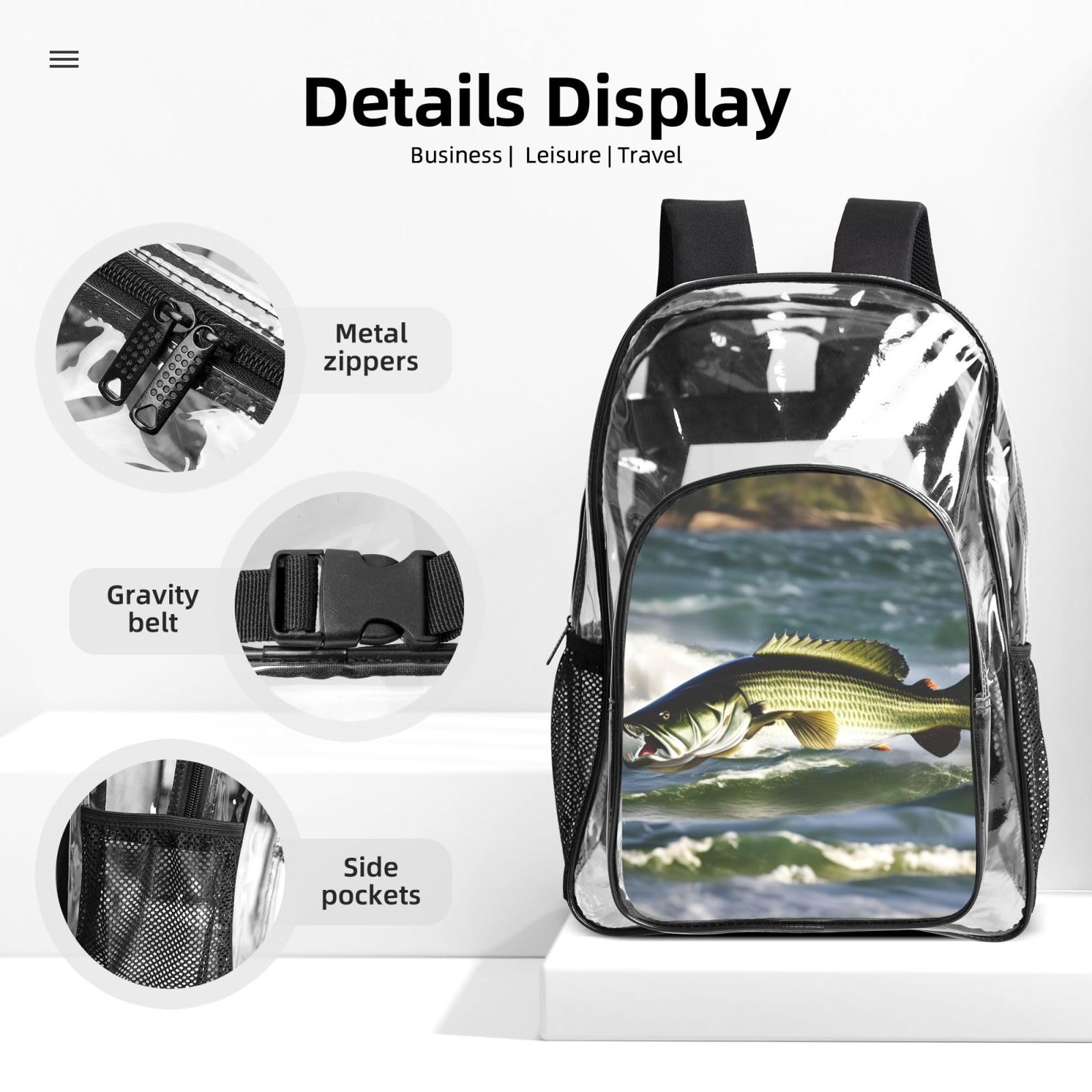 Transparenter Rucksack mit Barsch-Angel-Wellendruck, Unisex, 3-teilig, transparent, Lunch-Tasche, Stifteetui, Reisen, Outdoor