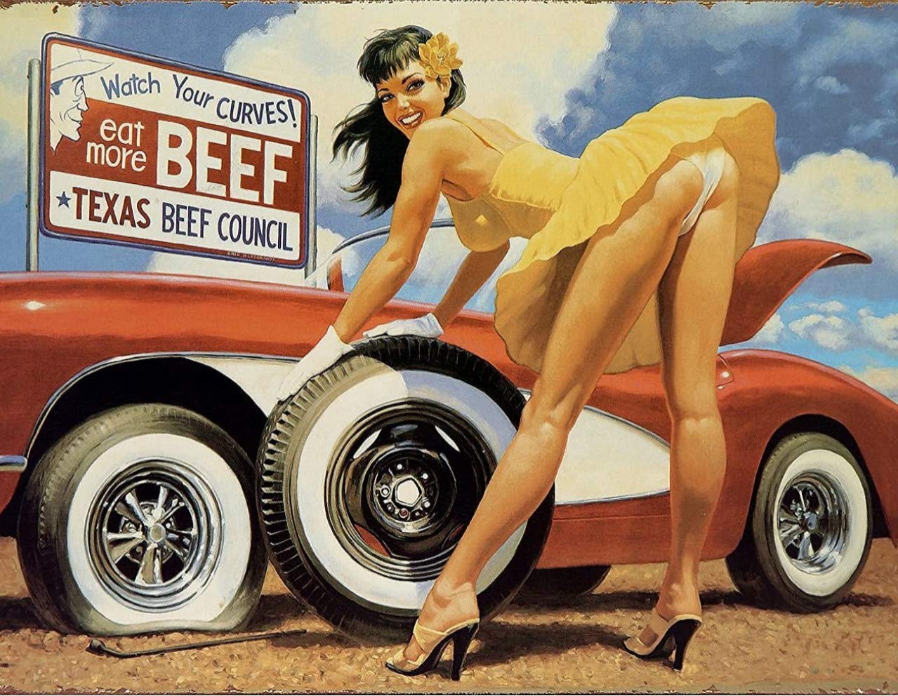 BigBazza Vintage Advertising Wall Tin Plaque 20x15cm - Pub Shed Bar Man Cave Home Bedroom Office Kitchen Gift Metal Sign - Sexy Retro Pinup Girl Curves Car Van Change Garage Petrol