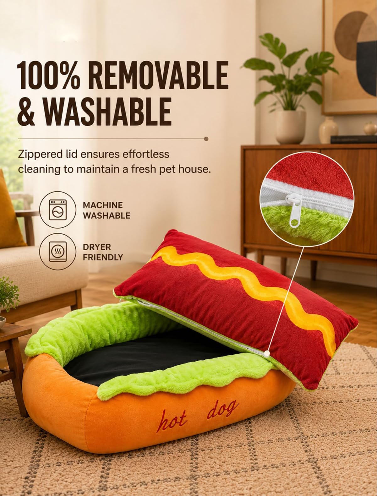 Cuccia a forma di hot dog, cuccia per cani e gatti, lavabile, tappetino rimovibile, base antiscivolo, chiusura lampo, letto per animali domestici rimovibile (M)