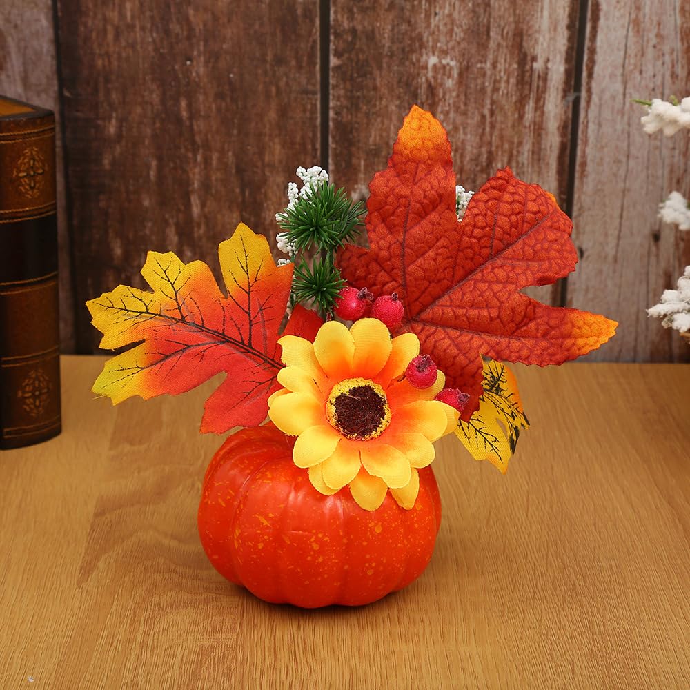 Goodern Thanksgiving Artificial Pumpkins Decor,Faux Foam Pumpkins with Maple Leaves Sunflower,Halloween Thanksgiving Ornament Photography Props for Indoor Table Shelf Fall Party Decor Centerpieces-A