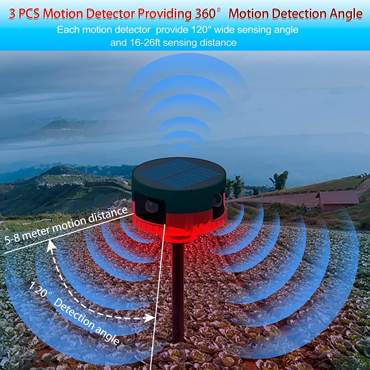 Solar Sensor Security Alarm Lights Outdoor, 360° Motion Detector LED Flashing Strobe Light Warning Lamp Built-in 13Sounds,129db Loud Siren Sound for Home Farm Barn Villa Yard (Red-1)