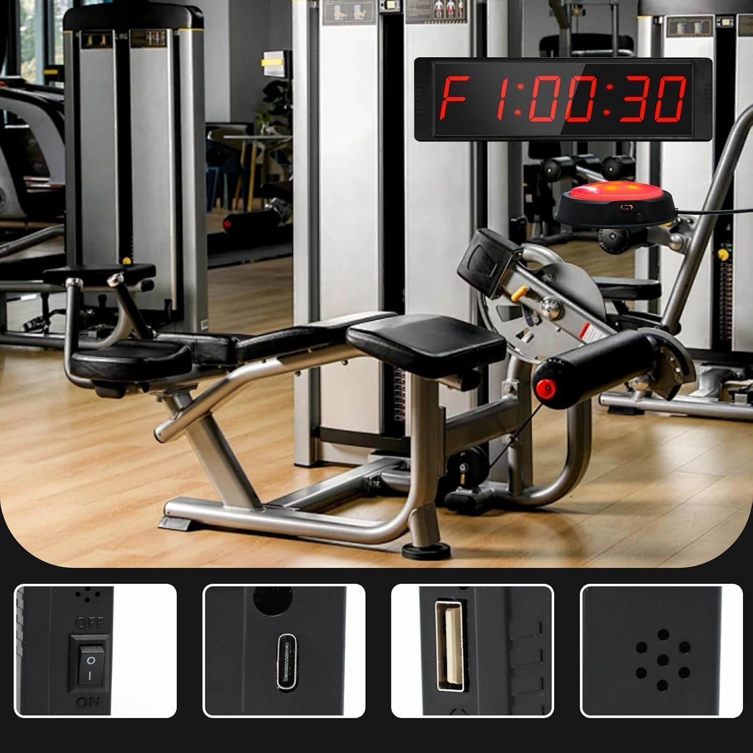 Compte à rebours - Minuteur de gym avec bouton marche/arrêt - Chronomètre numérique portable avec support - Minuterie d'intervalle - Grande horloge LED 12/24 h pour entraînement, sport, maison, gym