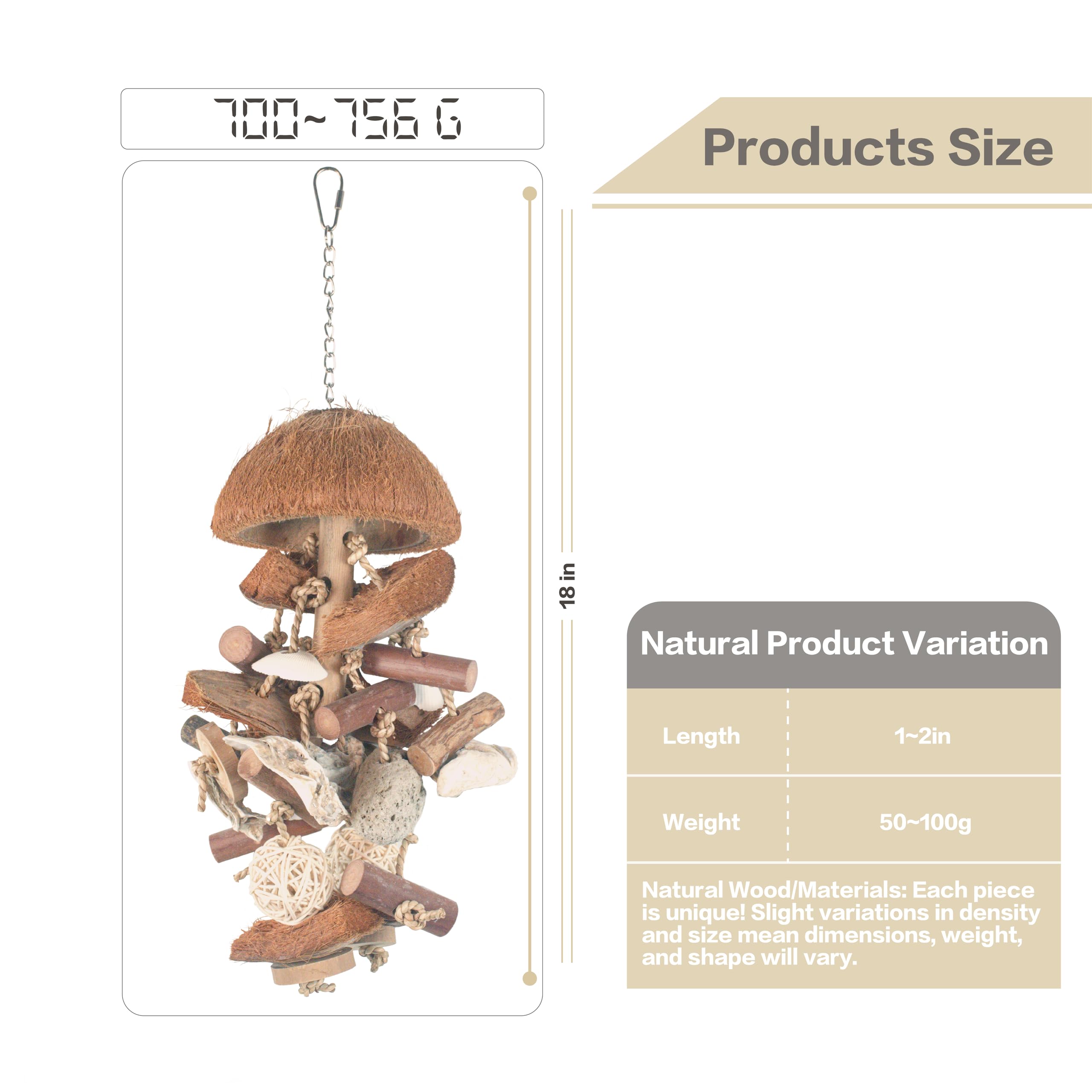 JoyGinBStiao Bird Toys with Natural Coconut Shell - 18in Handmade Hanging Shredding & Foraging Toy with Wood Blocks, Lava Stones, Parrot Toys for Cockatiels, Conures, Parakeets - image 4