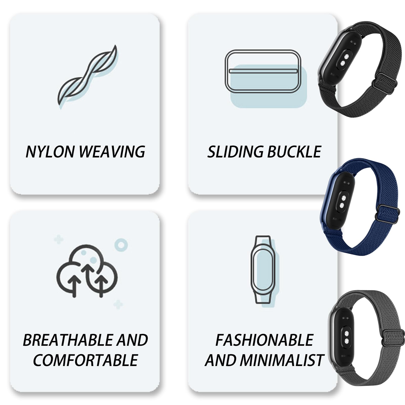 3 Pezzi Cinturino in Nylon Compatibile con Xiaomi Smart Band 9/Xiaomi Smart Band 8, Cinturino Solo per Xiaomi Mi Band 8/9, Morbido Cinturini per Donna Uomo