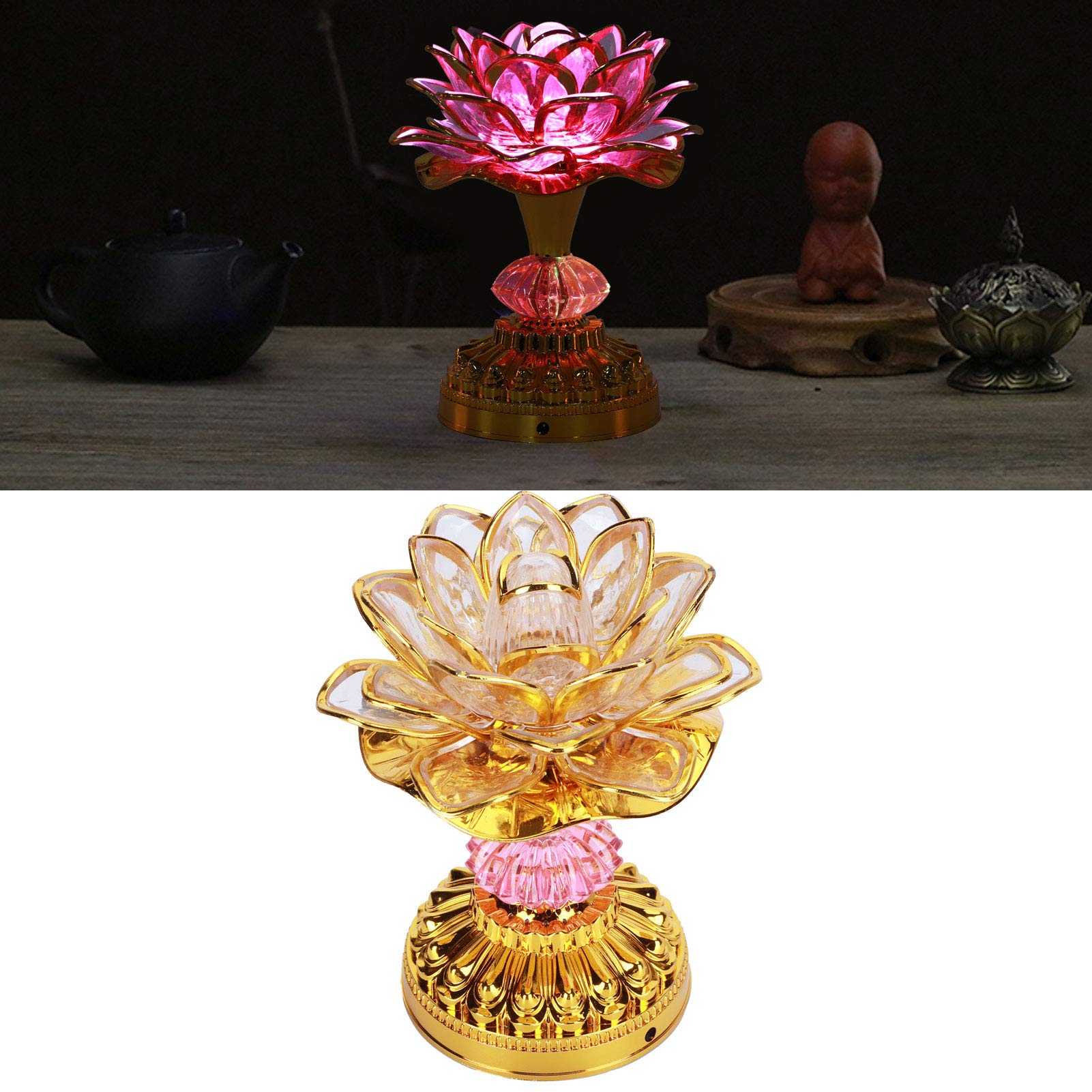 POCREATION LED Buddhist Lamp, 7 Color Changing Temple Light, ABS Buddhist Supplies, LED Flower Lamp, Decoration Lighting, with Power Adapter US 100?240V