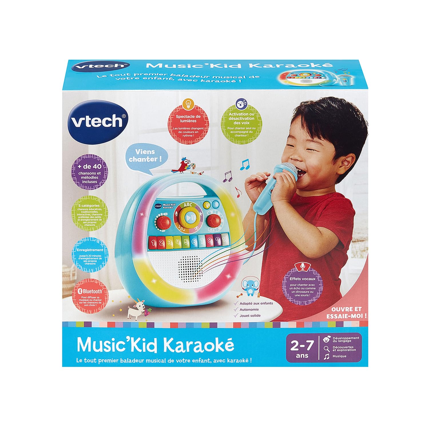 VTech Music'Kid Karaoké Baladeur Musical Enfant Dès 2 Ans | Enceinte Bluetooth Lumineuse avec Micro Karaoké, Enregistreur Vocal, Comptines, Chansons Éducatives et Relaxantes en Français