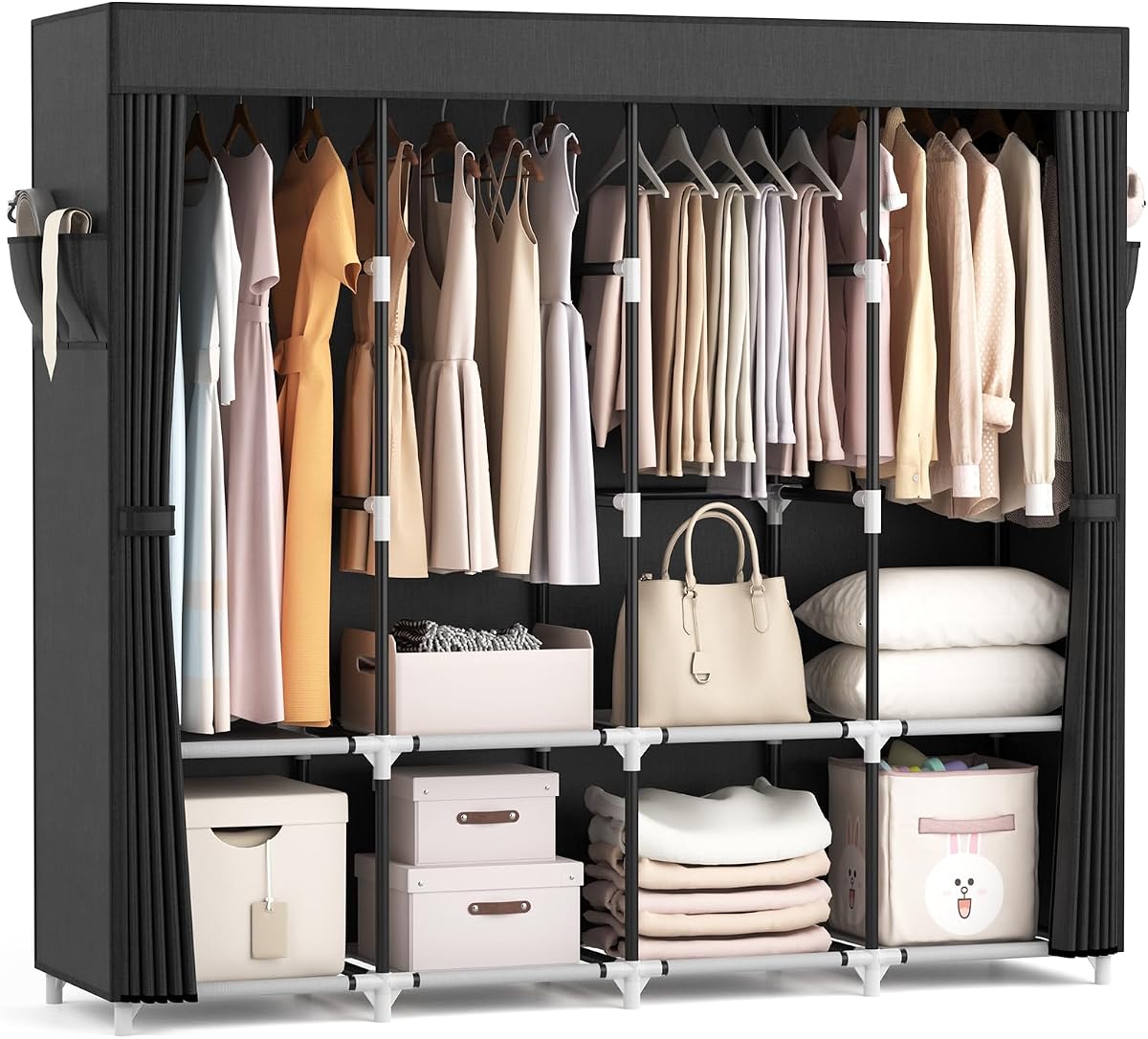 VTRIN Portable Closet for Hanging Clothes 67 Inch Wide Large Capacity Portable Wardrobe Closet with Cover, 4 Storage Shelves and 4 Hanging Rod Sturdy Free Standing Closet for Bedroom, Black