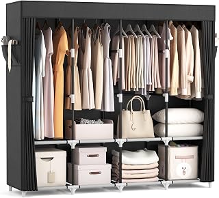 VTRIN 67 Inch Portable Wardrobe Closet with Cover, 4 Hanging Rods & 4 Shelves - Large Capacity Freestanding Storage for Bedroom, Black