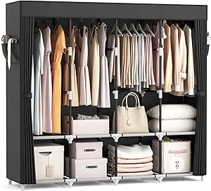VTRIN Portable Closet for Hanging Clothes, 67 Inch Wide, Large Capacity, with Cover, 4 Shelves, 4 Hanging Rods, Sturdy Free Standing Wardrobe for Bedroom, Black