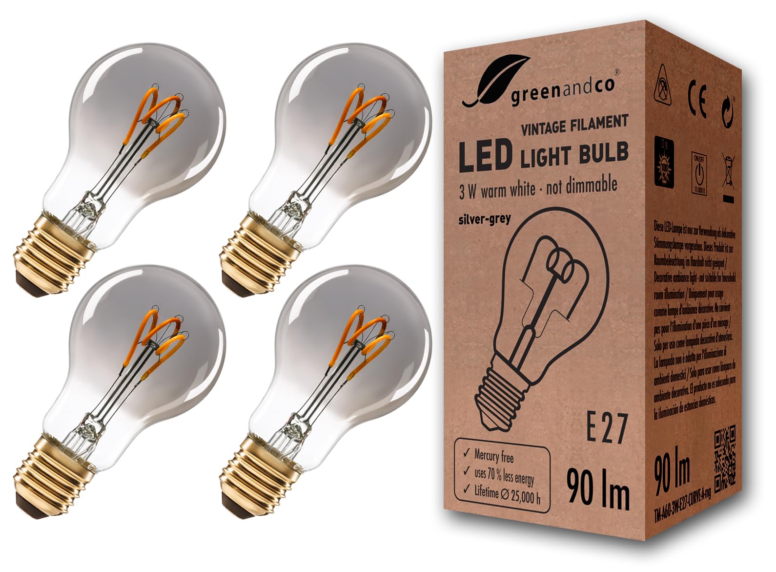 greenandco 4x Vintage Glühfaden LED Kerze | silbergrau | E27 A60 | 3W 90lm | 1800K extra warmweiß | 360° | 230V | flimmerfrei | nicht dimmbar