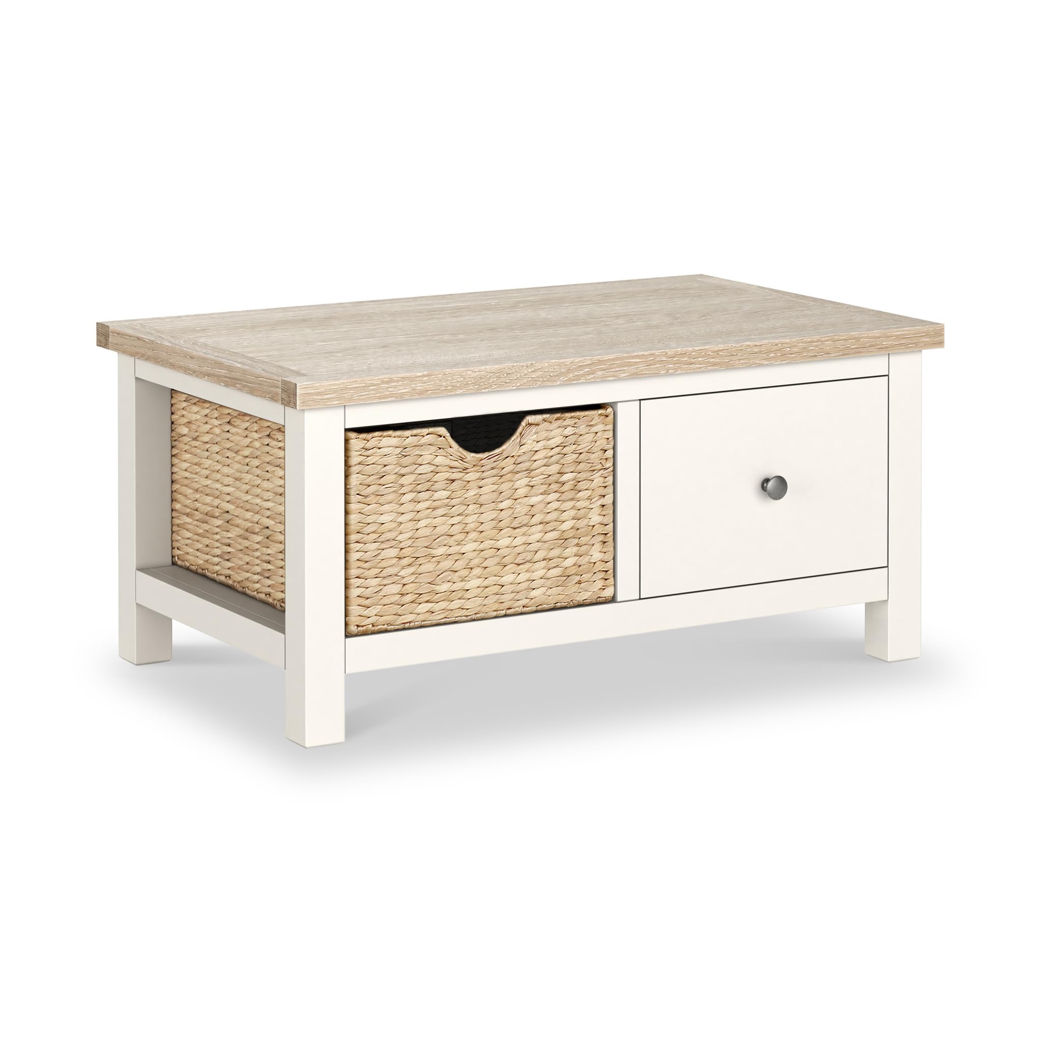 RoselandFurniture Farro Basket Coffee Table for Living Room with Washed Oak Top | Fully Assembled | Contemporary Coconut White Painted Solid Wooden Lounge Table with 2 Storage Drawers