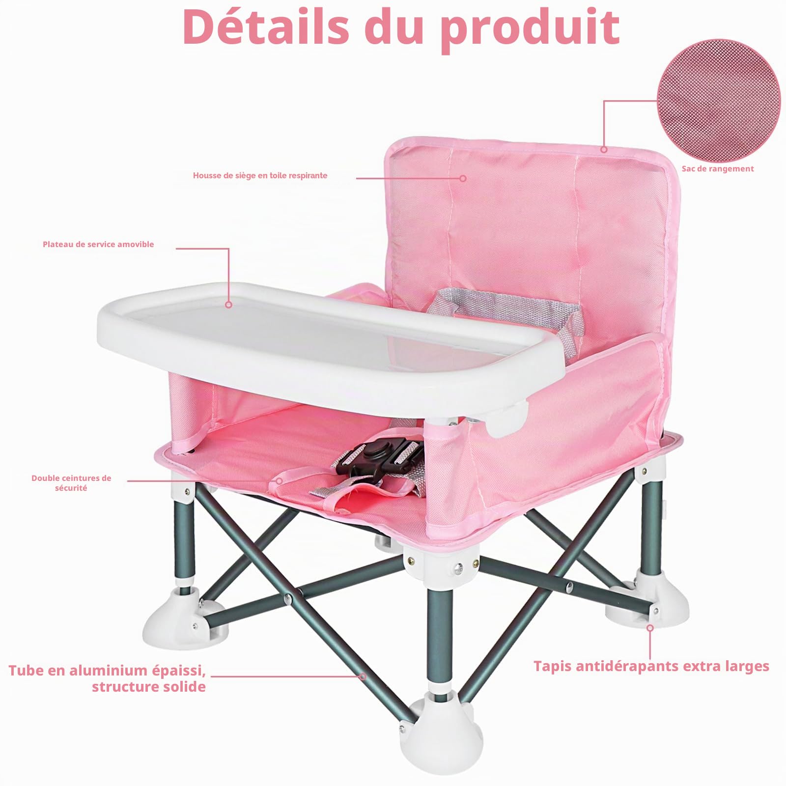 Chaise de camping pour bébé avec plateau, chaise haute portable avec sac de voyage, chaise de salle à manger, chaise haute de voyage pliable, chaise d'alimentation pour bébés et tout-petits
