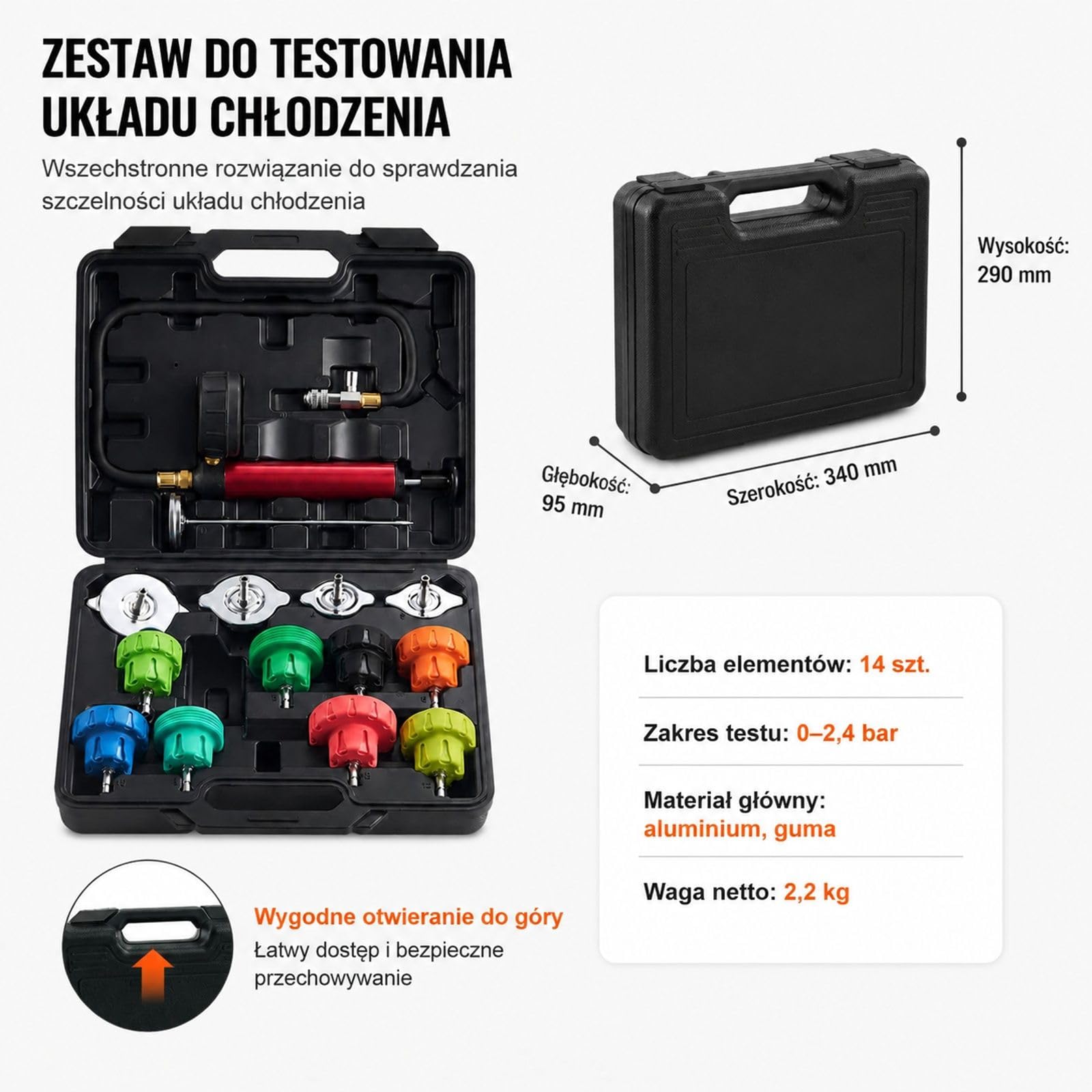 14-częściowy zestaw do testowania ciśnienia płynu chłodniczego z termometrem, 4 metalowymi adapterami i 8 korkami, urządzenie do napełniania oraz odpowietrzania chłodnicy