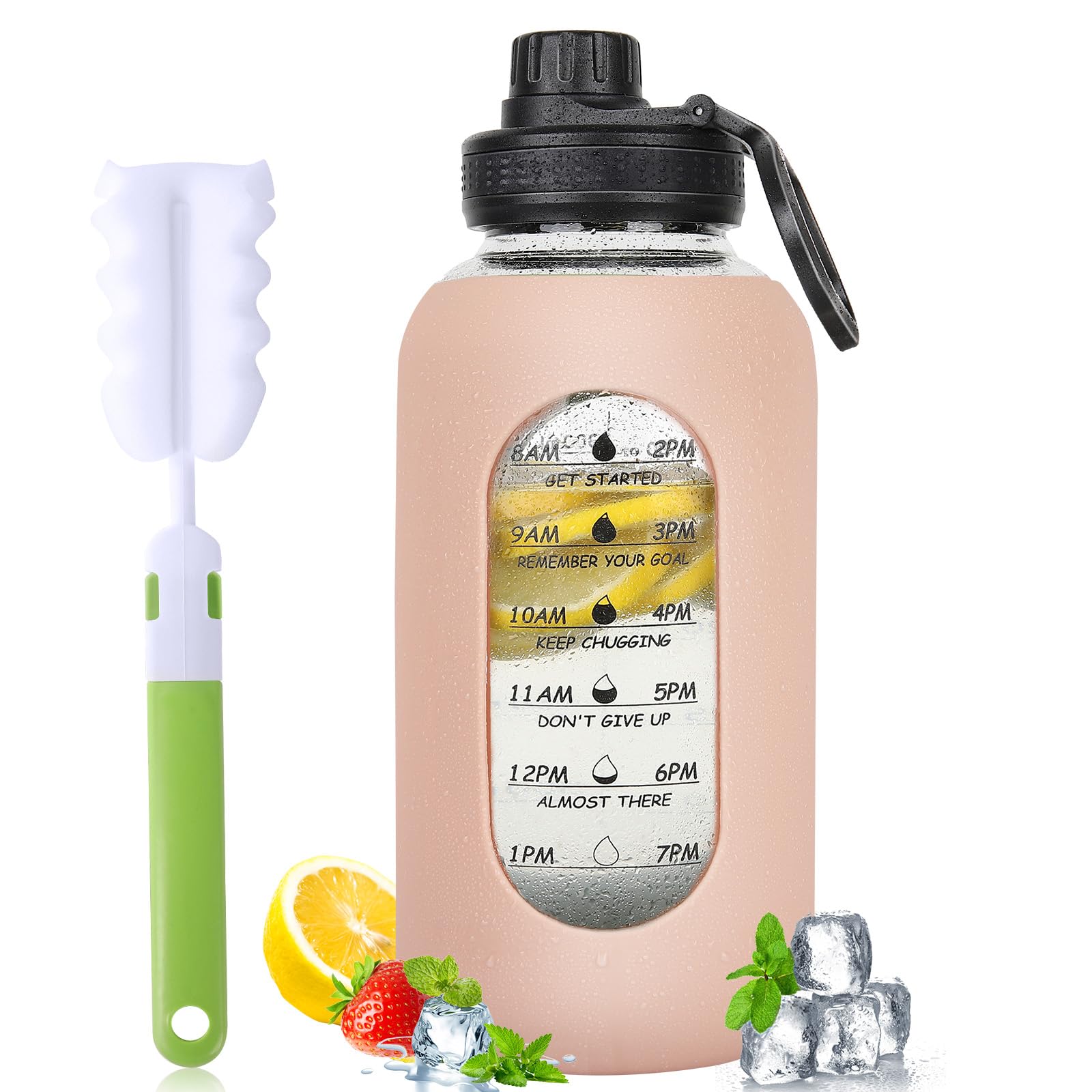 40oz Motivational Glass Sport Water Bottle with Time Marker & Silicone Sleeve