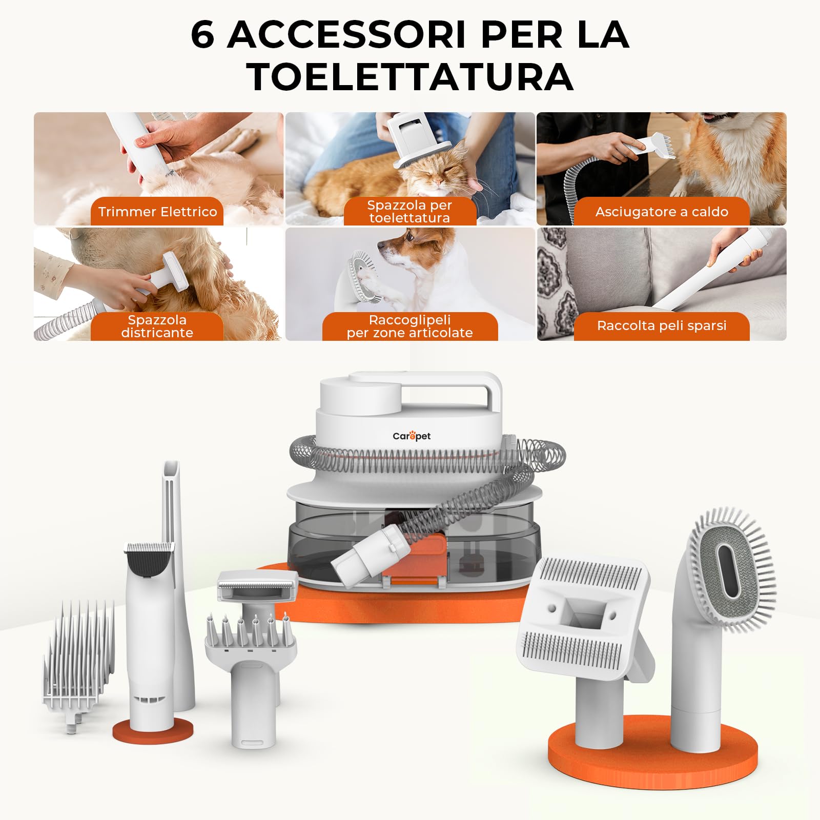 CAREPET Kit Toelettatura Asciugatura e Aspira peli Cane e gatto Per Animali Domestici - Tosatrice per Cani e Gatto Pelo Lungo Professionale - Strumenti per la toelettatura Depilazione Aspira peli