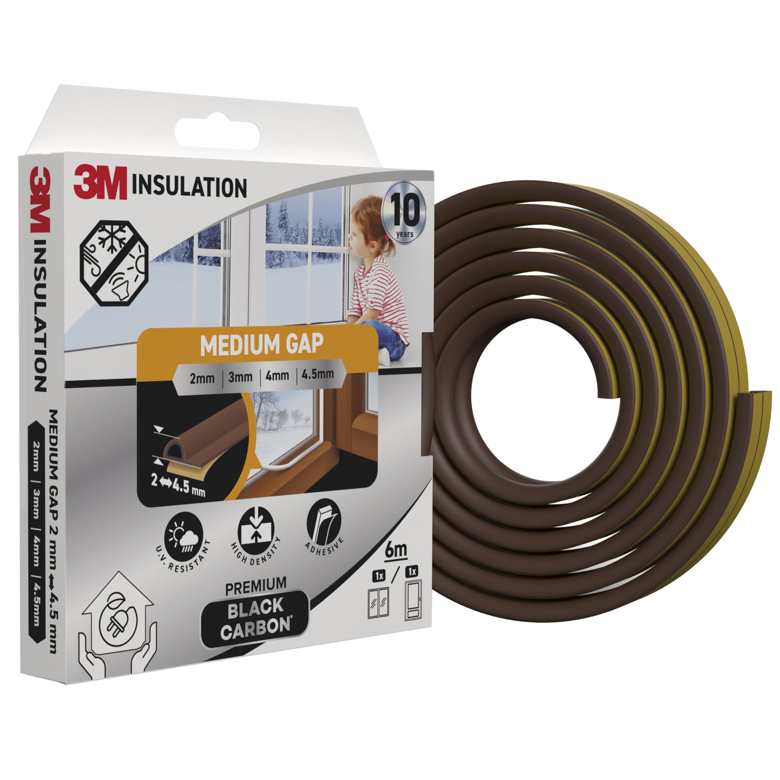 3M Premium Insulation Foam Seal, 6m, Brown, Medium Gap up to 4.5mm - Self-Adhesive Rubber Black Carbon for Insulating Gaps in Windows, Doors, Enhanced Strength, UV resistant, Long-lasting Performance
