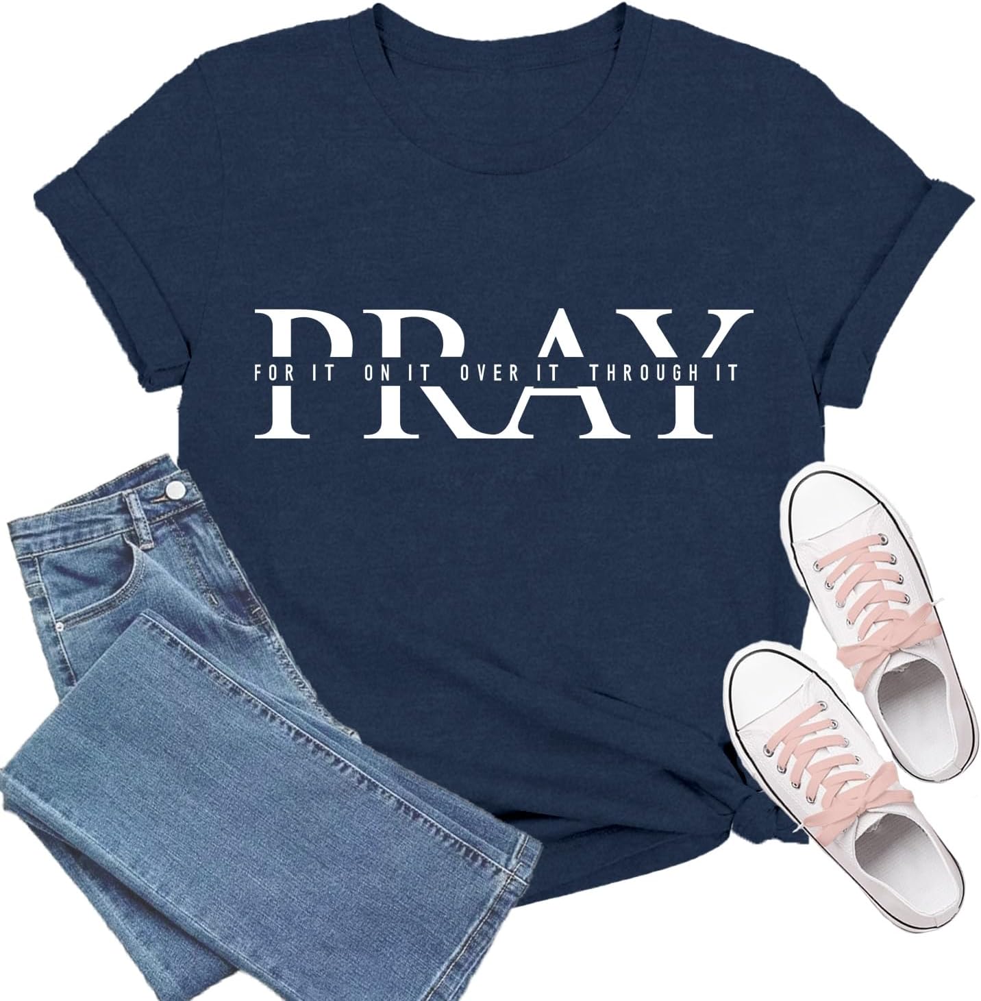 Christian Shirts for Women Prayer T-Shirt Pray for It On It Over It Through It Tee Tops