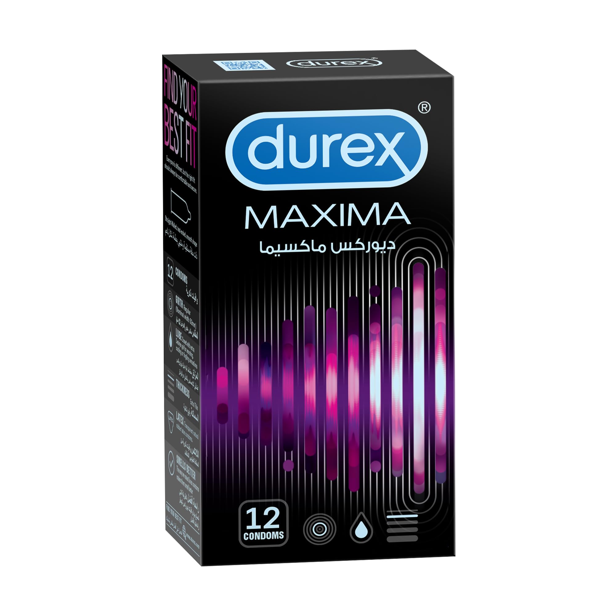 Durex Maxima Condoms Pack of 12 - Larger, Wider-Fit Condoms for Extra Room & Comfort, Generously Lubricated, Natural Rubber Latex, Electronically Tested