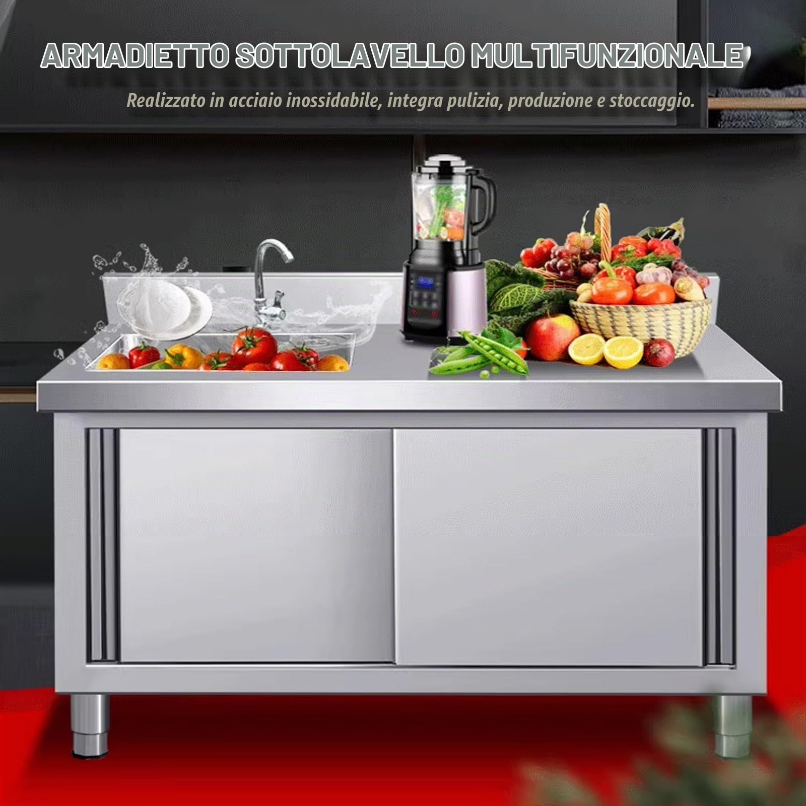 Lavello da cucina di servizio con mobiletto, Lavello singolo in acciaio inox, Lavello per lavanderia con mobiletto, Armadio di stoccaggio con rubinetto da banco, Lavabo per lavaggio a mano da cucina.