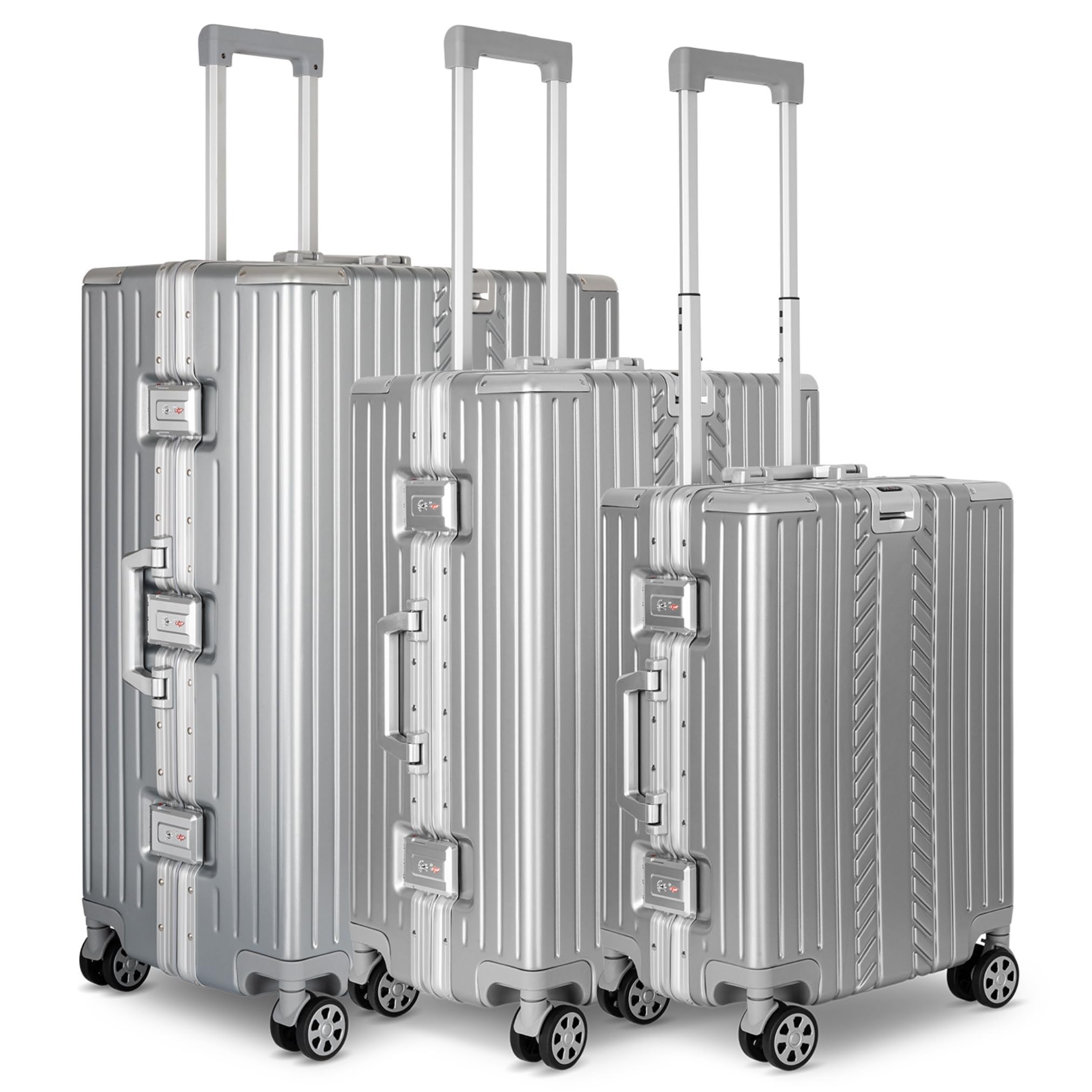 WINLIFE 3in1 M+L+XL Handgepäck(53cm) + Checkin-Trolley(65cm) + XL Koffer(75cm) Reisekoffer Set mit Alu-Rahmen, ABS & TSA Nummern-Schloss | Silber