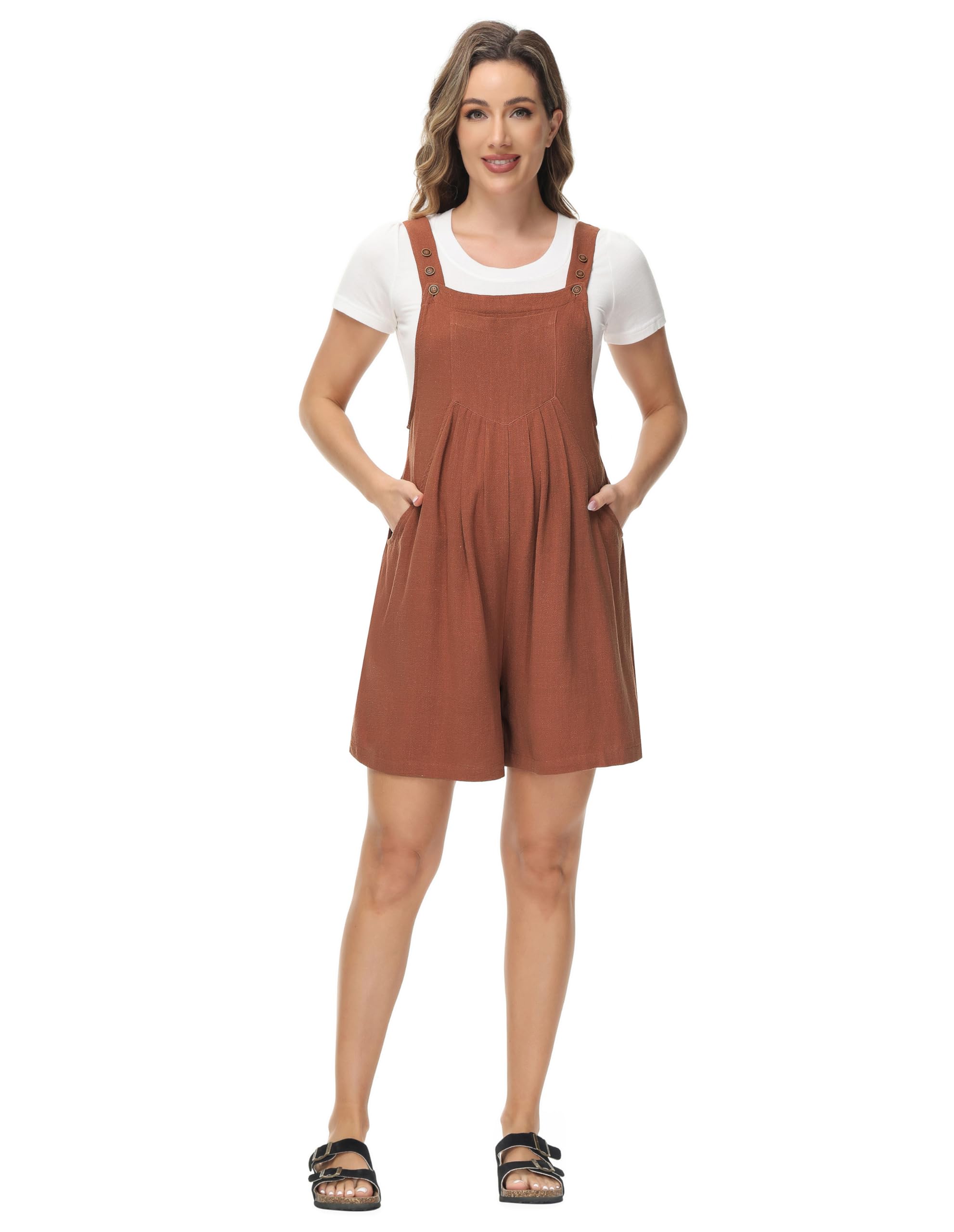 Maternity - Tuta corta Rompers Linen regolabili, estiva, casual, senza maniche, con tasche