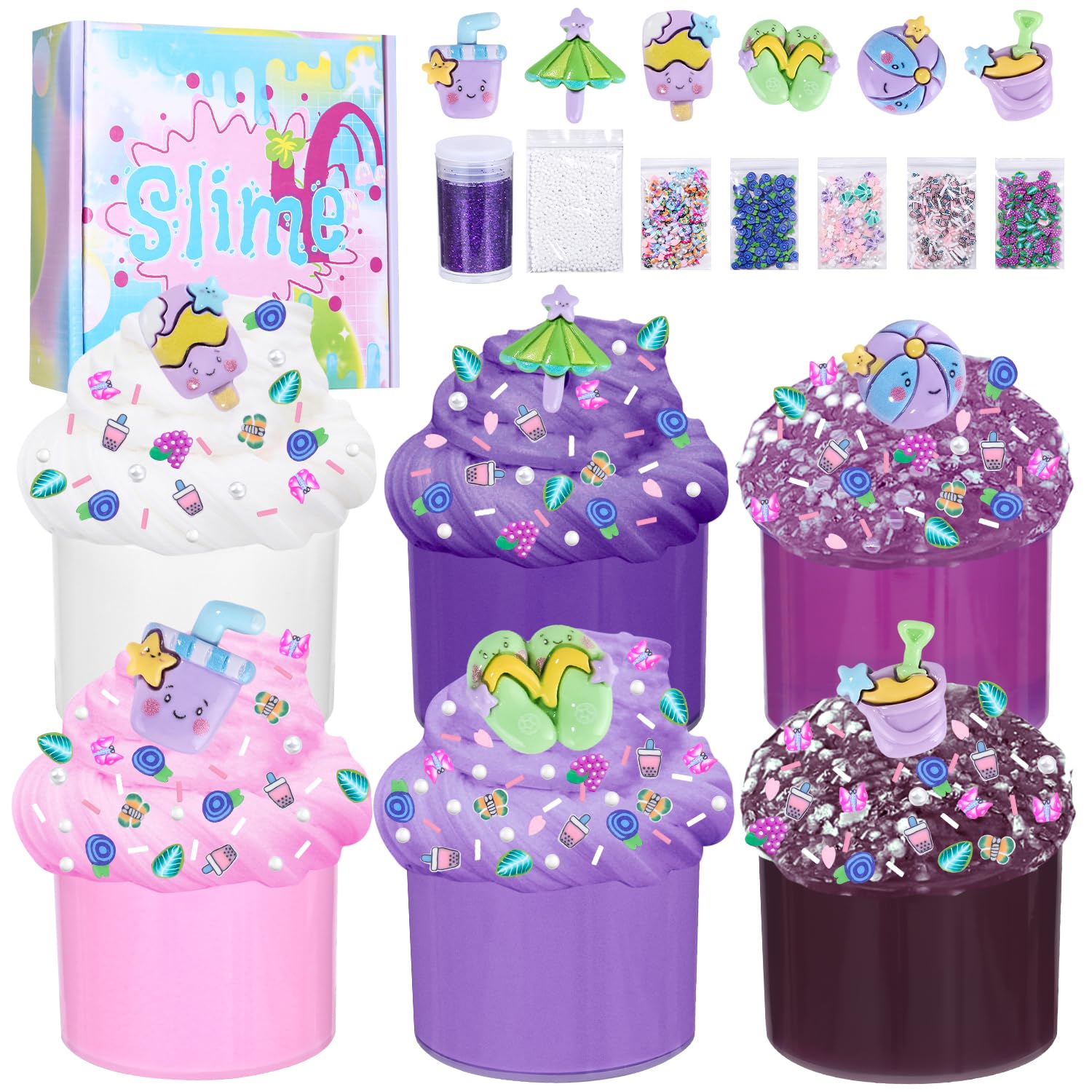 Zestaw 6 szt. fioletowych slime – puszysta chmura, masło i przezroczysty slime, crunchy slime dla dzieci, urodziny, Halloween, Boże Narodzenie, prezent dla dziewcząt i chłopców