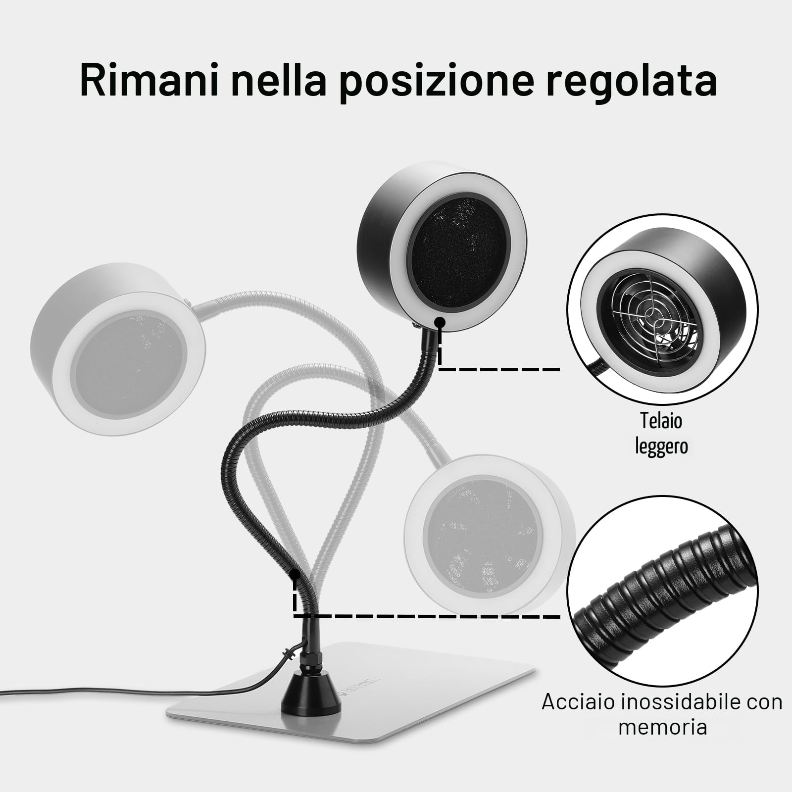 SainSmart Assorbifumo Magnetico a Saldare con Luci a LED, Collo di Cigno in Acciaio Inossidabile con Memoria e Morsetto da Tavolo Sostituibile, Ventola Estrattore di Fumi Portatile