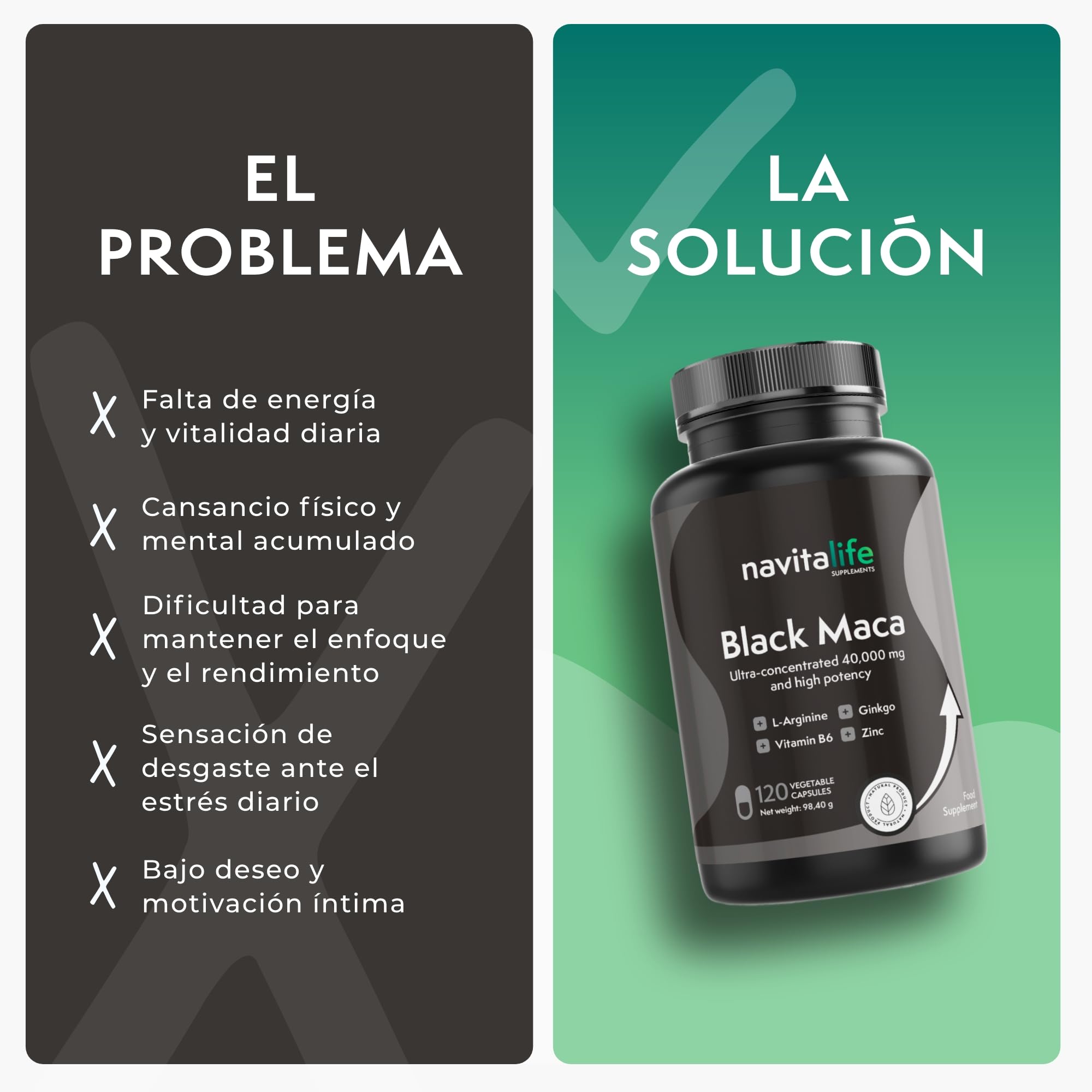Maca Negra Peruana Andina Ultra concentrada 40.000mg Extracto 25:1 | Alta Pureza Sin Metales Pesados | L-Arginina, Zinc, Ginkgo Biloba y Vitamina B6 | Potencia tu Energía y Vitalidad | 120 cápsulas